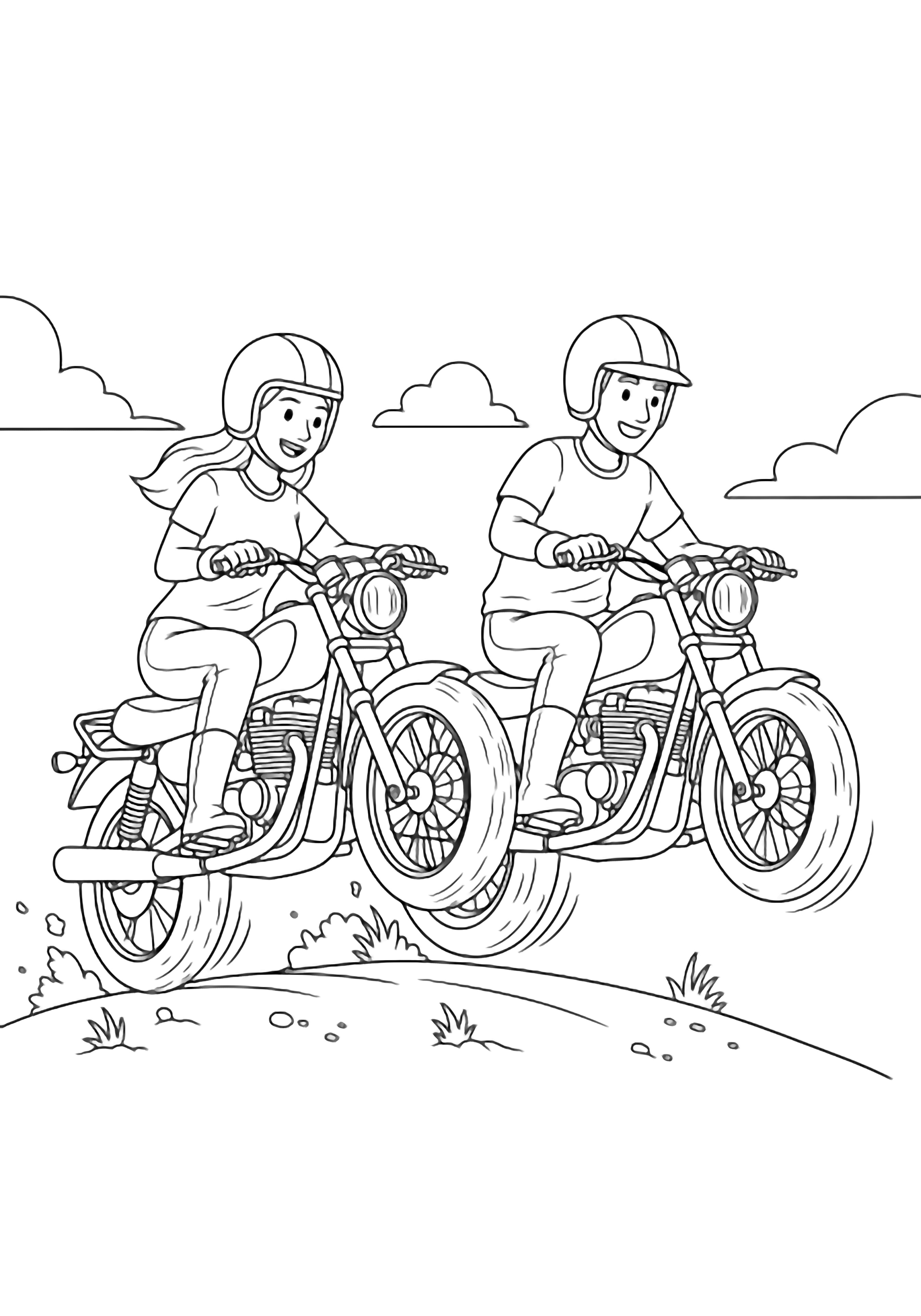 A smiling woman and man ride motorcycles side-by-side, jumping a gentle dirt hill; they wear simple helmets, gloves, and boots, with minimal grass tufts and clouds framing the scene. kleurplaat