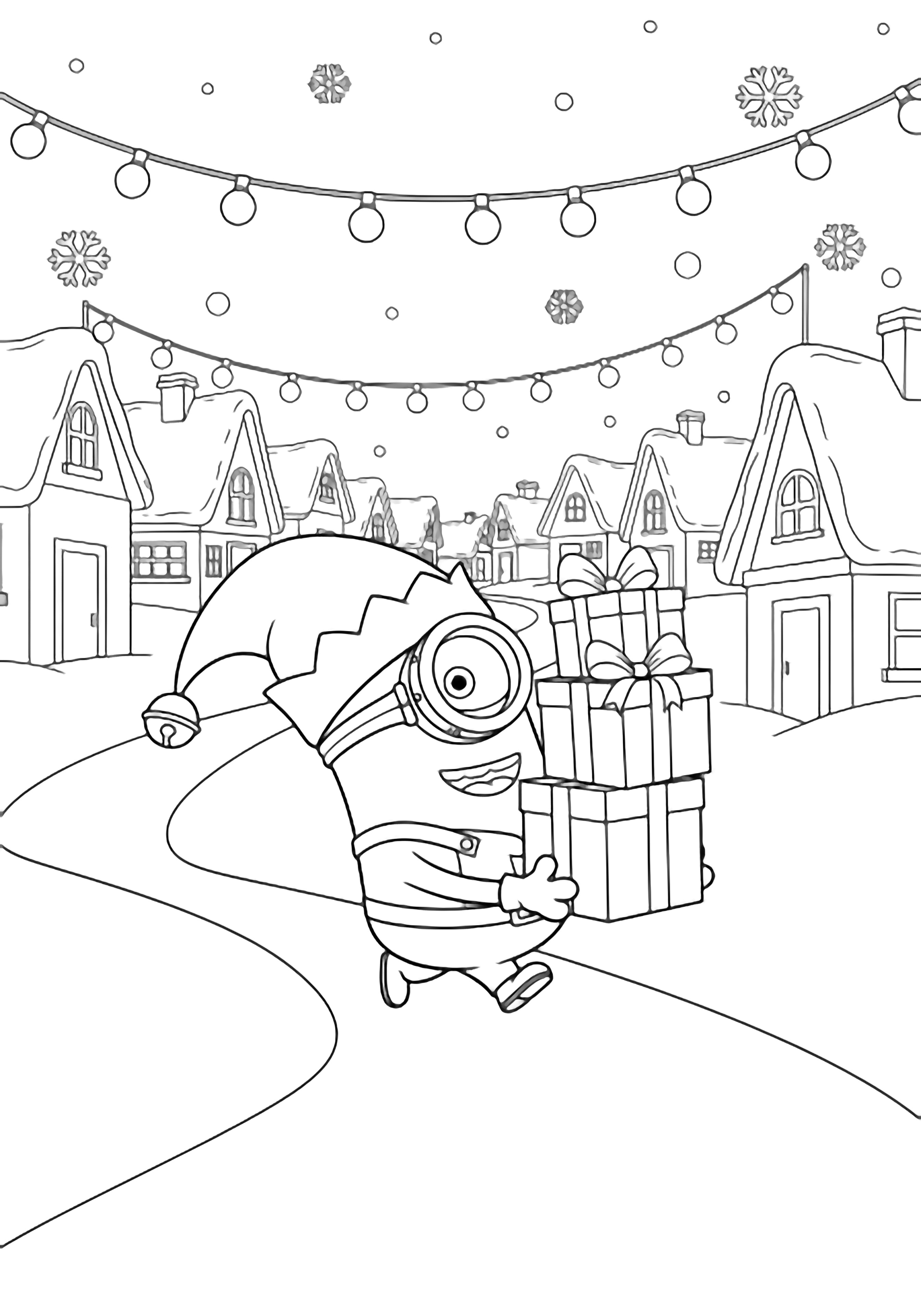 illustration on a Cheerful Minion in pointy elf hat and tunic trots along a winding village lane; empty snow dusted rooftops simple string lights overhead stack of square presents in arms smiling snowflakes drifting all clean black outlines on white clean black kleurplaat