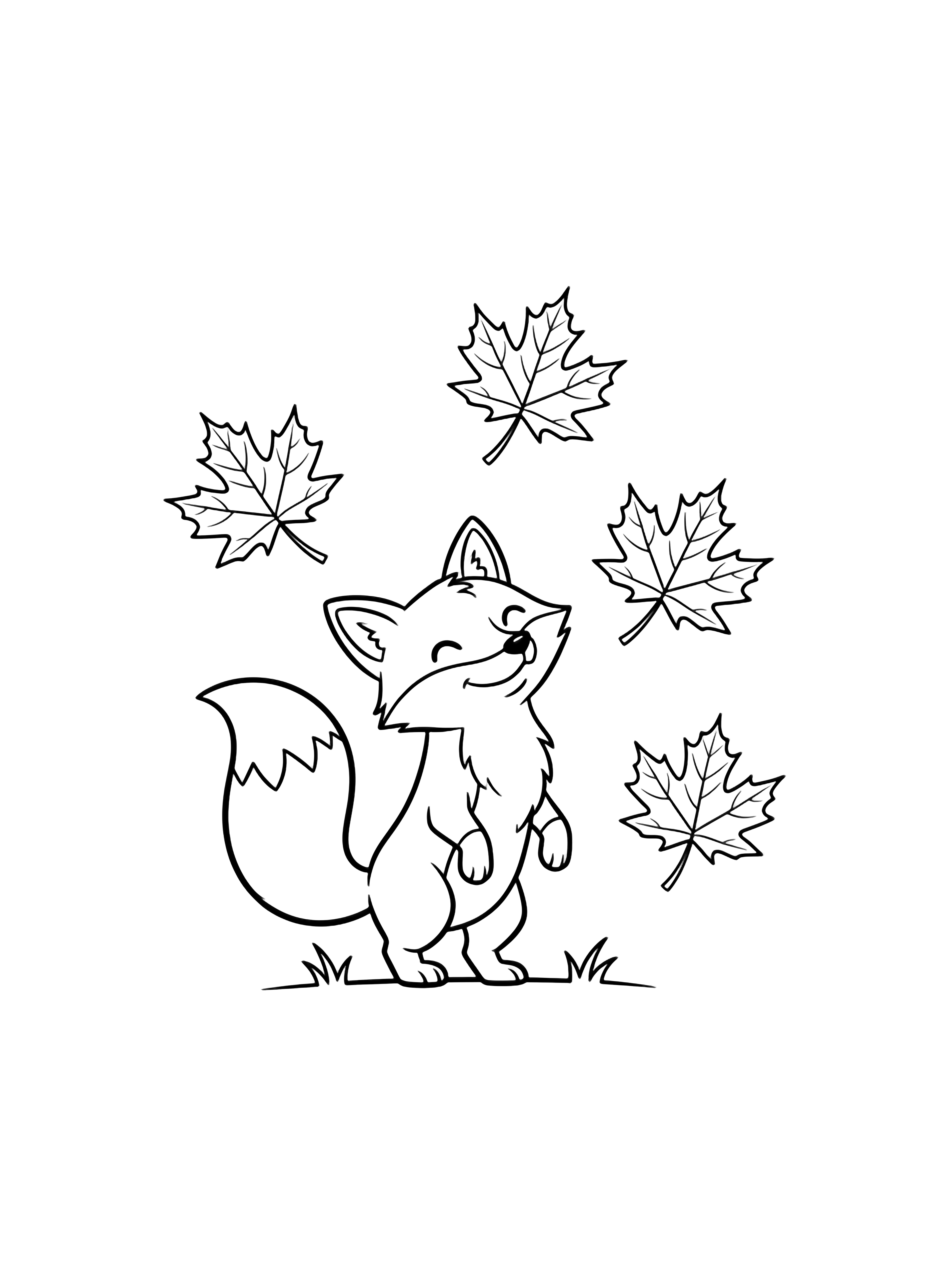 A cheerful fox stands upright, head tilted, tail curled, while six big maple leaves drift around it and a simple grass line runs beneath. kleurplaat