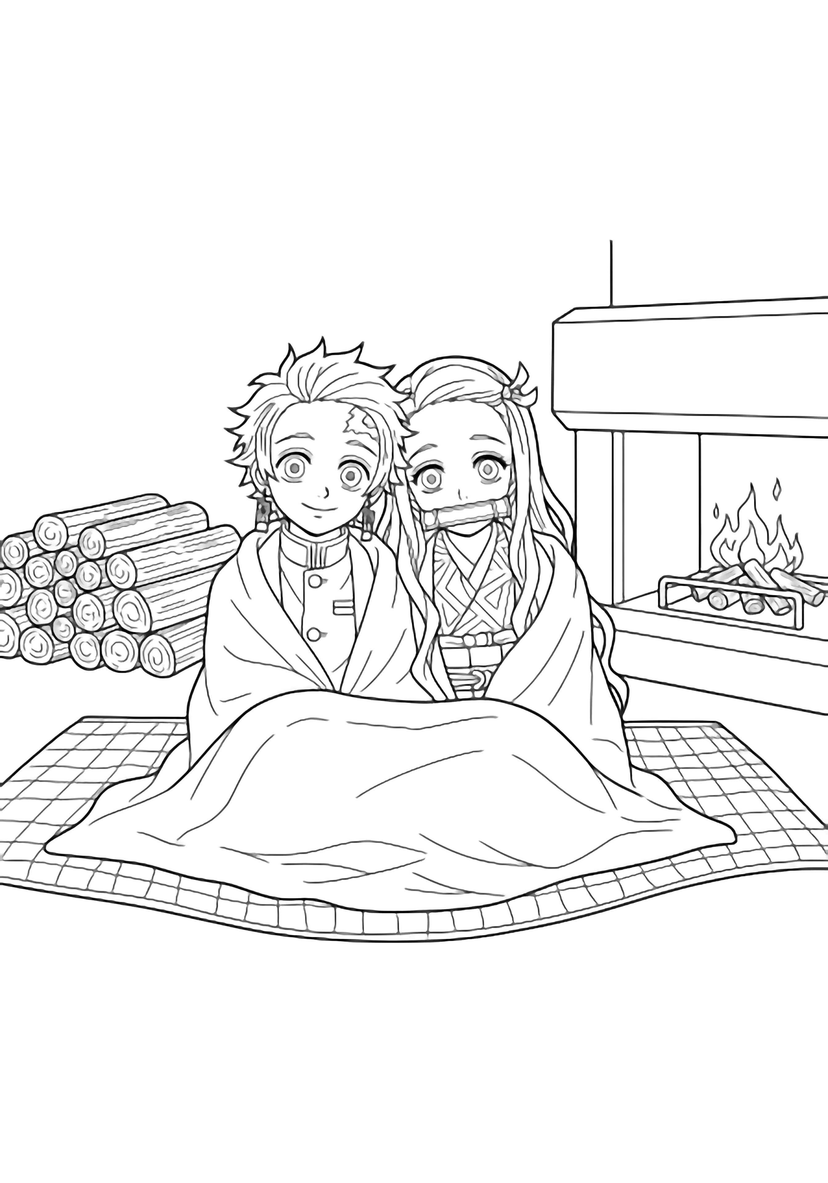 Tanjiro and Nezuko sit shoulder-to-shoulder on a tatami mat sharing a blanket, gentle smiles, calm eyes, hair flowing, stacked firewood and neat rectangular hearth behind them. kleurplaat