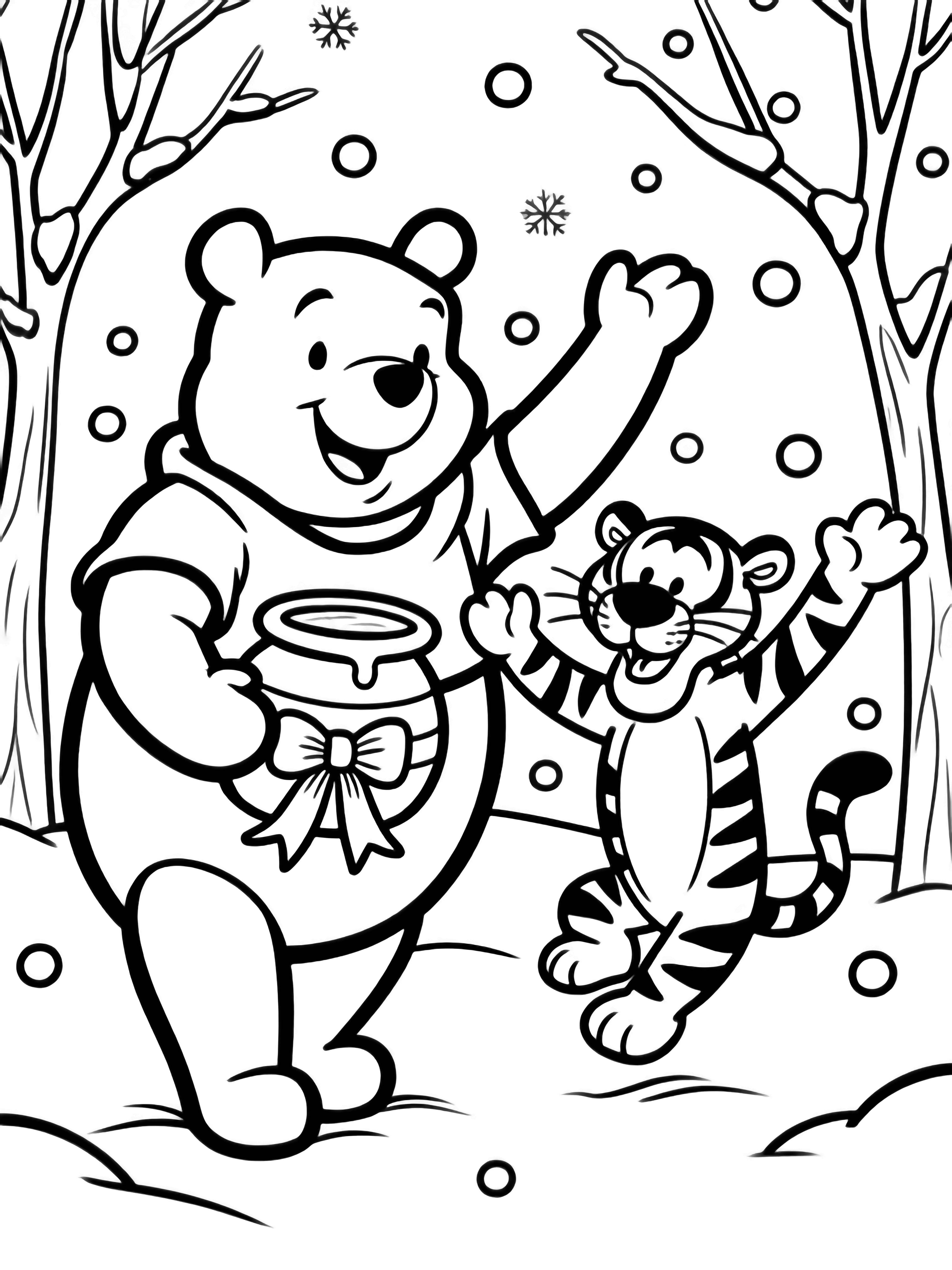 Pooh houdt trots een honingpot met een lint vast, Piglet zwaait naast hem, en Tigger springt tussen kale winterbomen en dwarrelende sneeuwvlokken. kleurplaat