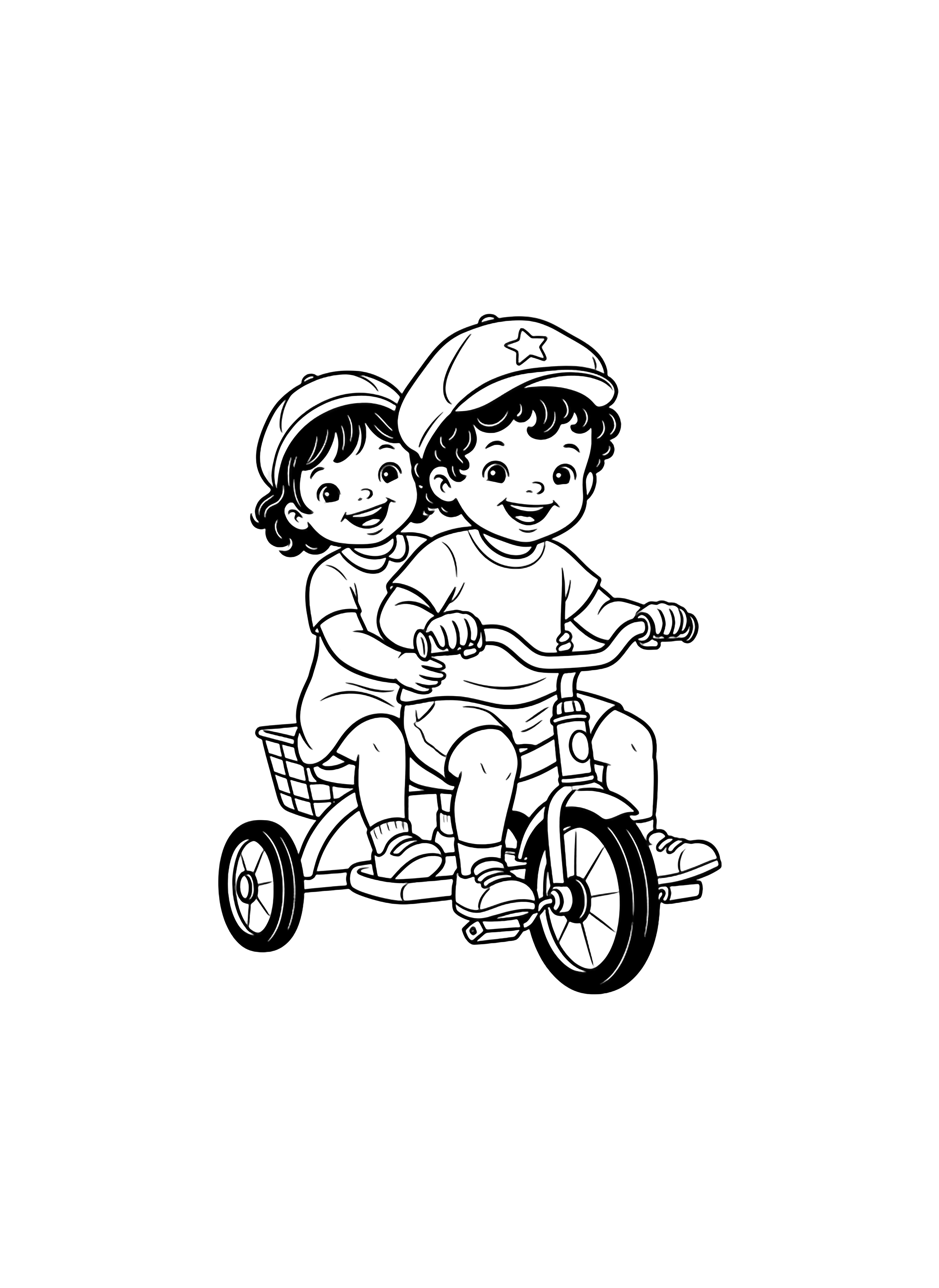 A black and white illustration of a cheerful little boy and girl both toddlers riding a sturdy children's tricycle built for two The boy sits at the front gripping the wide handlebars with tiny hands his hair a tousled cloud of short curls beneath a soft cap decorated with a single star The girl clean black and white line drawing minimal shading no colour no fill kleurplaat