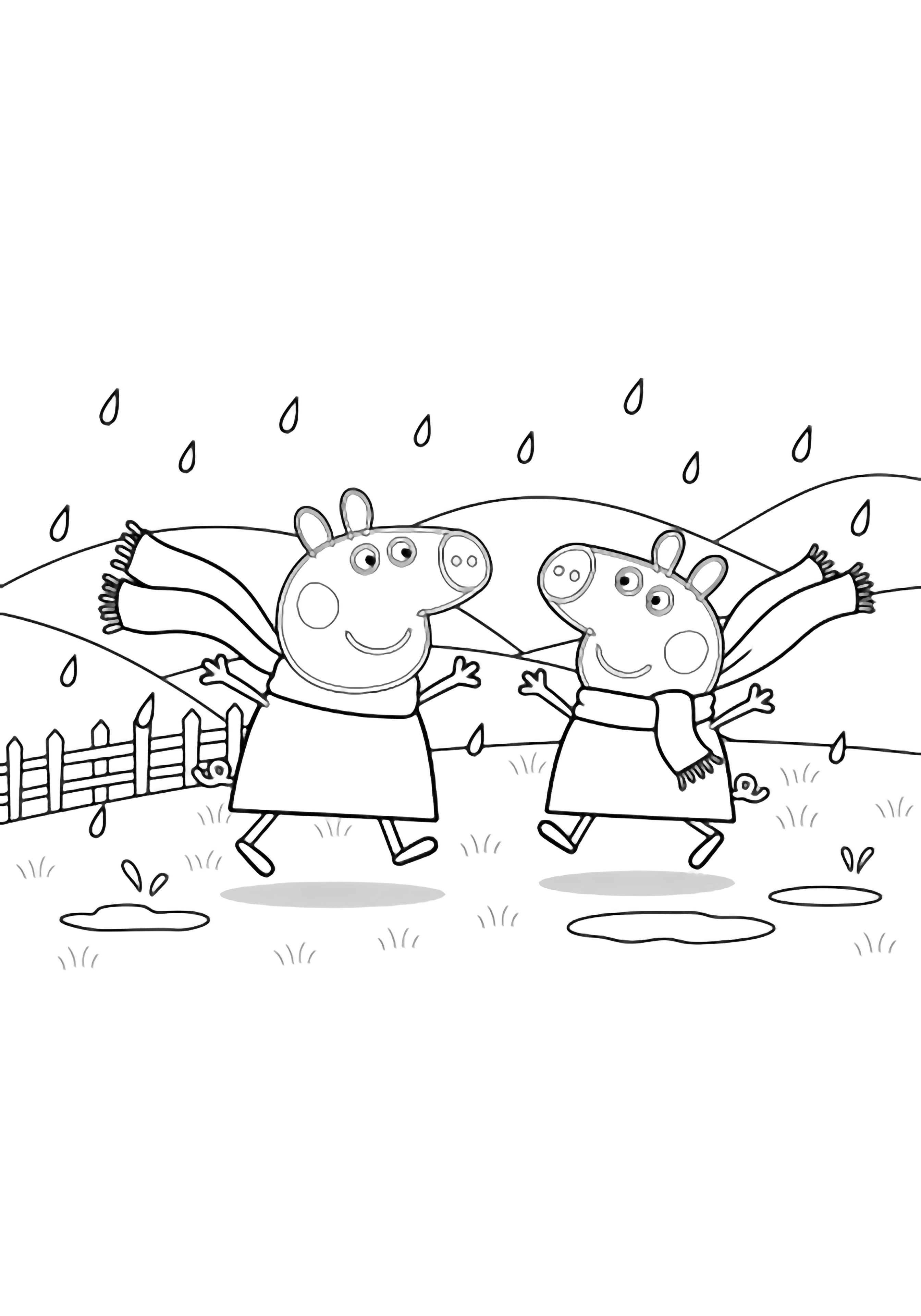 Peppa and George Pig in scarves leap joyfully with arms wide, raindrops falling around them, puddles and rolling hills behind, a fence in the background. kleurplaat