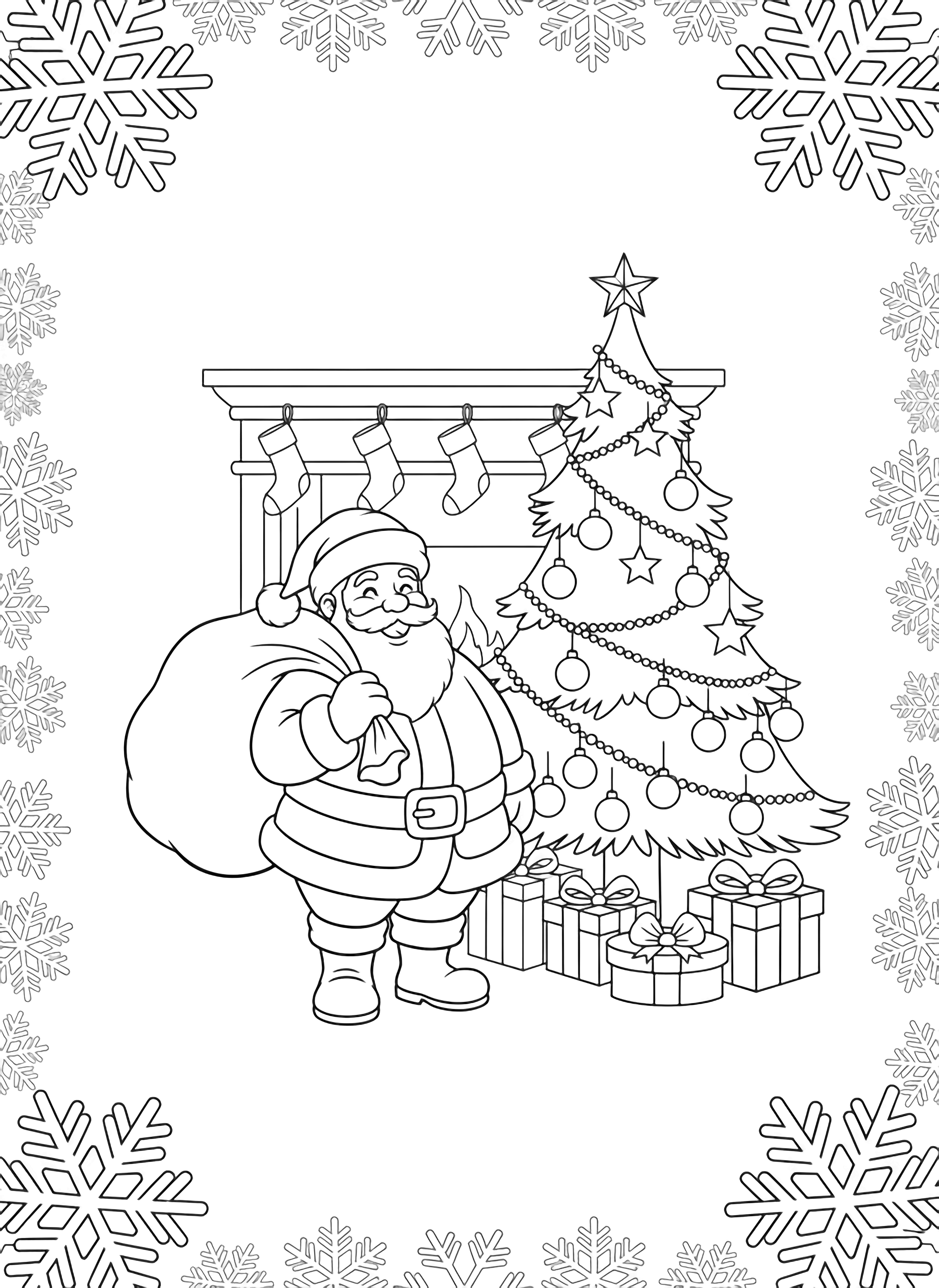 illustration on a Santa stands smiling sack slung over shoulder beside a towering tree; empty circle and star ornaments dangle stacked empty gift boxes scatter simple stockings line a plain mantel snowflake border frames the scene all in bold clean white friendly outlines clean black kleurplaat