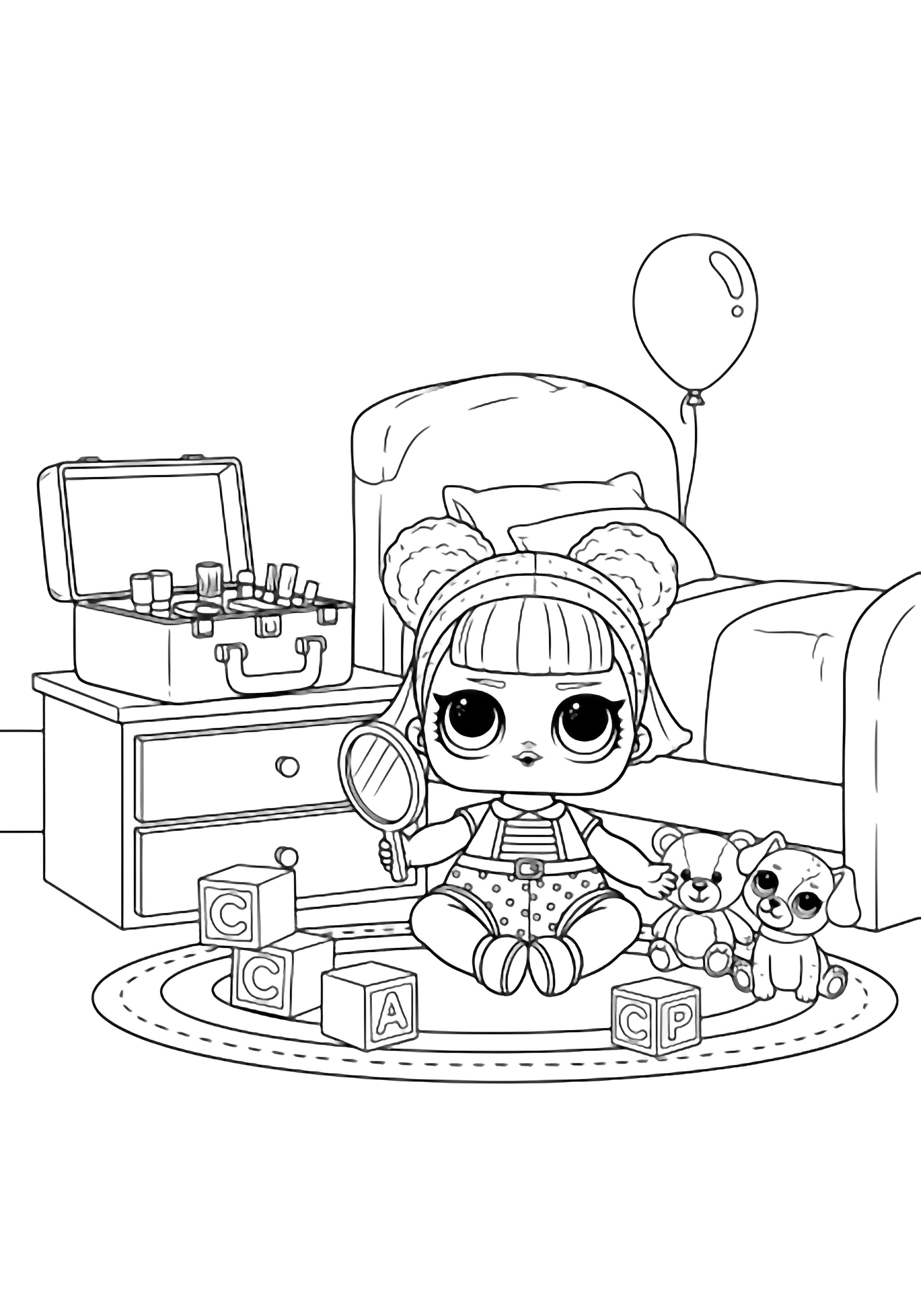 illustration on a LOL Surprise doll seated cross legged on a round rug holding tiny mirror; simple toy blocks teddy and puppy nearby; dresser with open makeup case; curved headboard and one balloon; all in clean bold closed outlines clean black kleurplaat