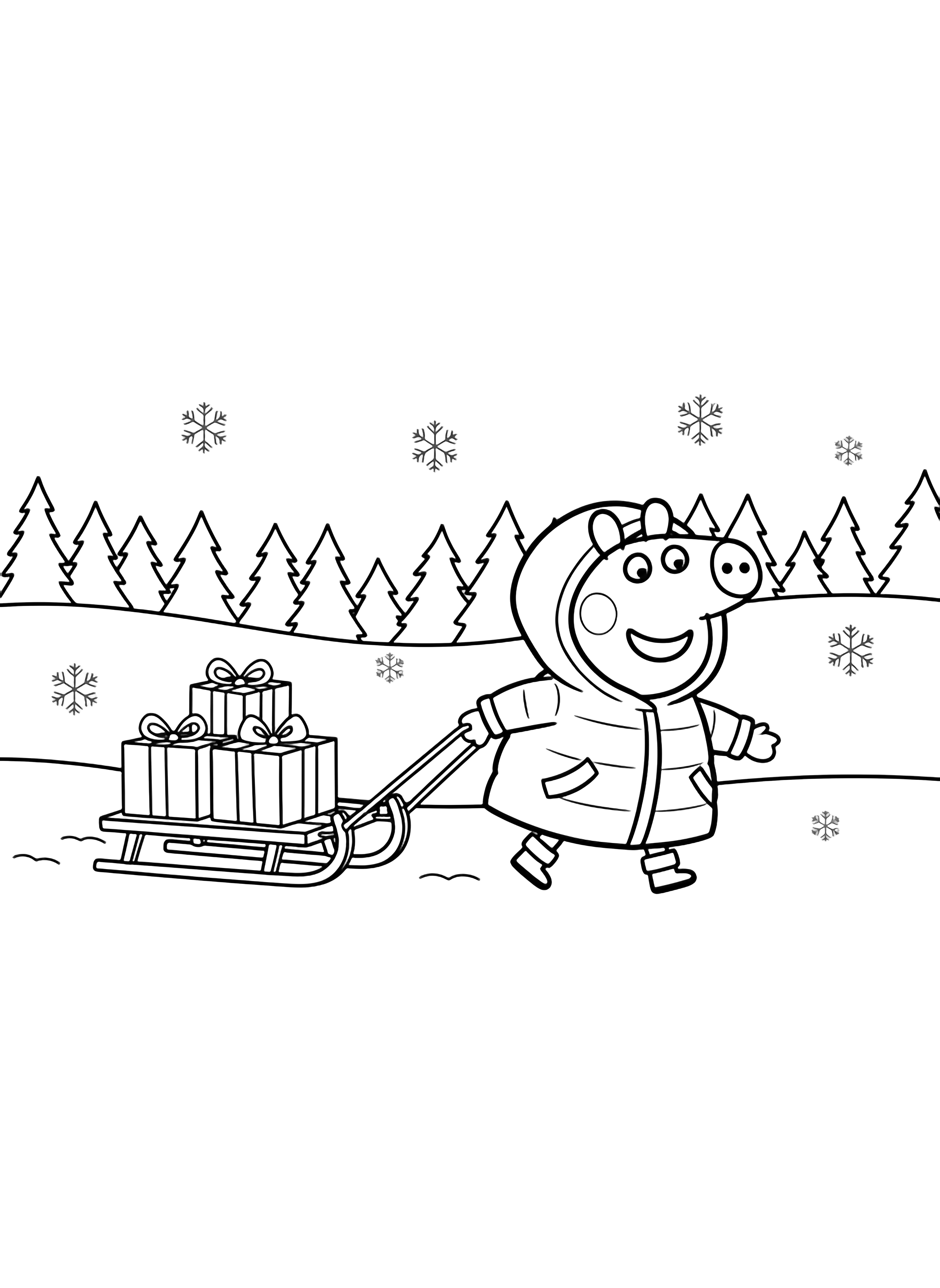 George Pig in een capuchonjas trekt een slee met drie met linten versierde cadeaudoosjes door licht dwarrelende sneeuwvlokken naar een verafgelegen dennenbos. kleurplaat