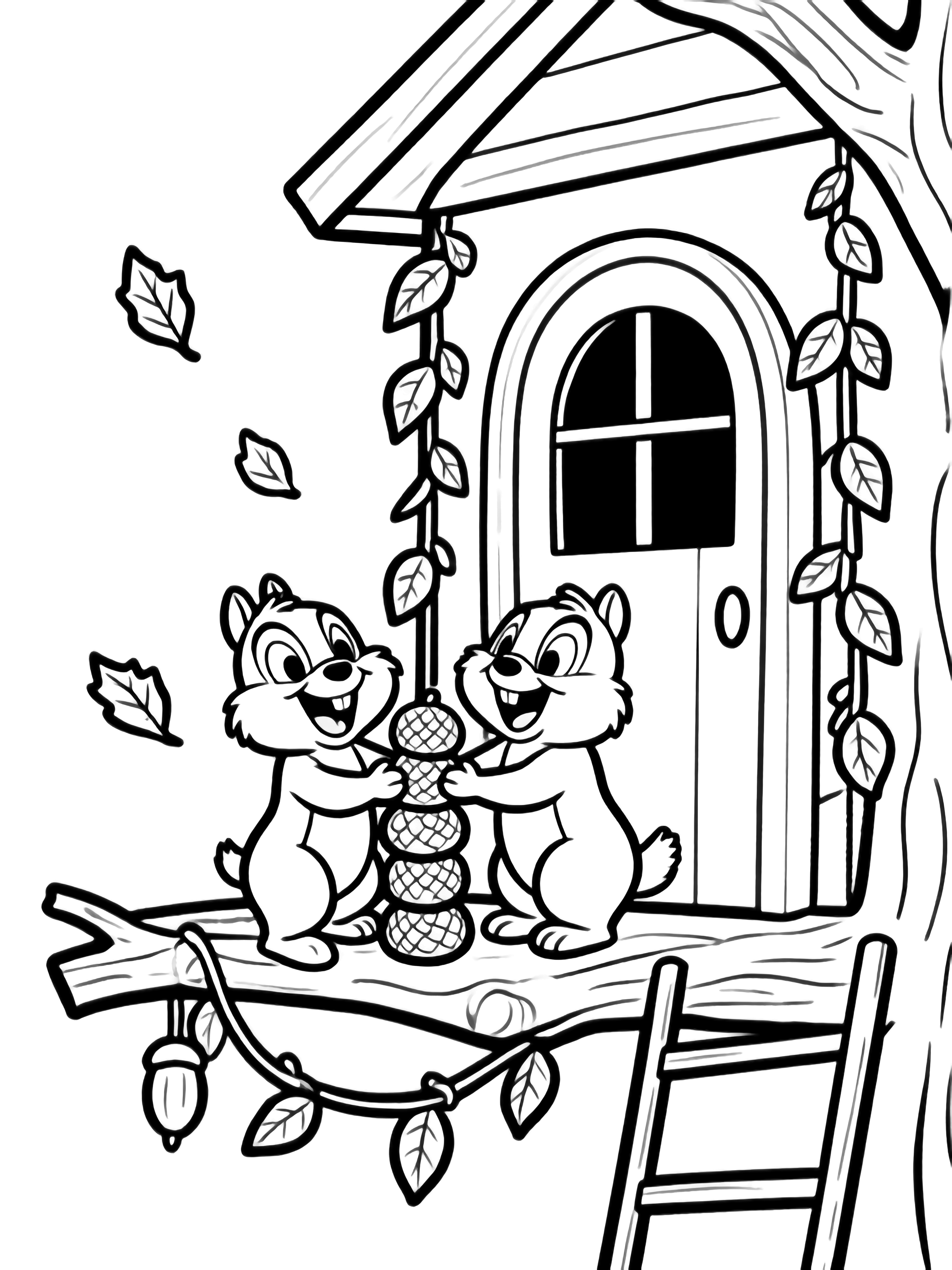 Chip and Dale cheerfully stack acorns on a branch, hanging leaf garlands around their treehouse door; a ladder, window and drifting leaves complete the scene. kleurplaat