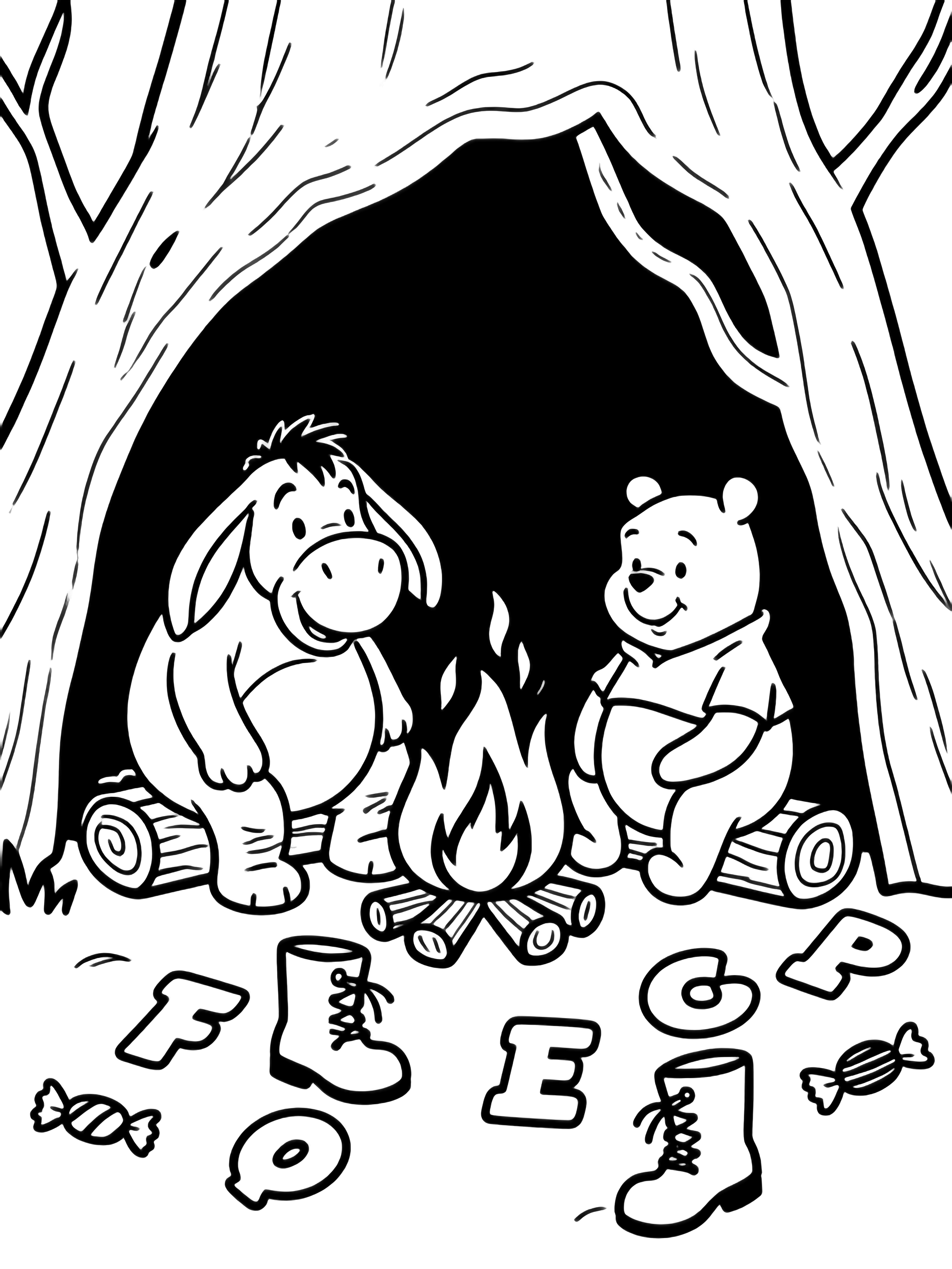 Eeyore en Poe zitten bij een kampvuur in een holle boomstam; gestapelde houtblokken, veterschoenen, verspreide brieven en snoeppapiertjes om hen heen. kleurplaat