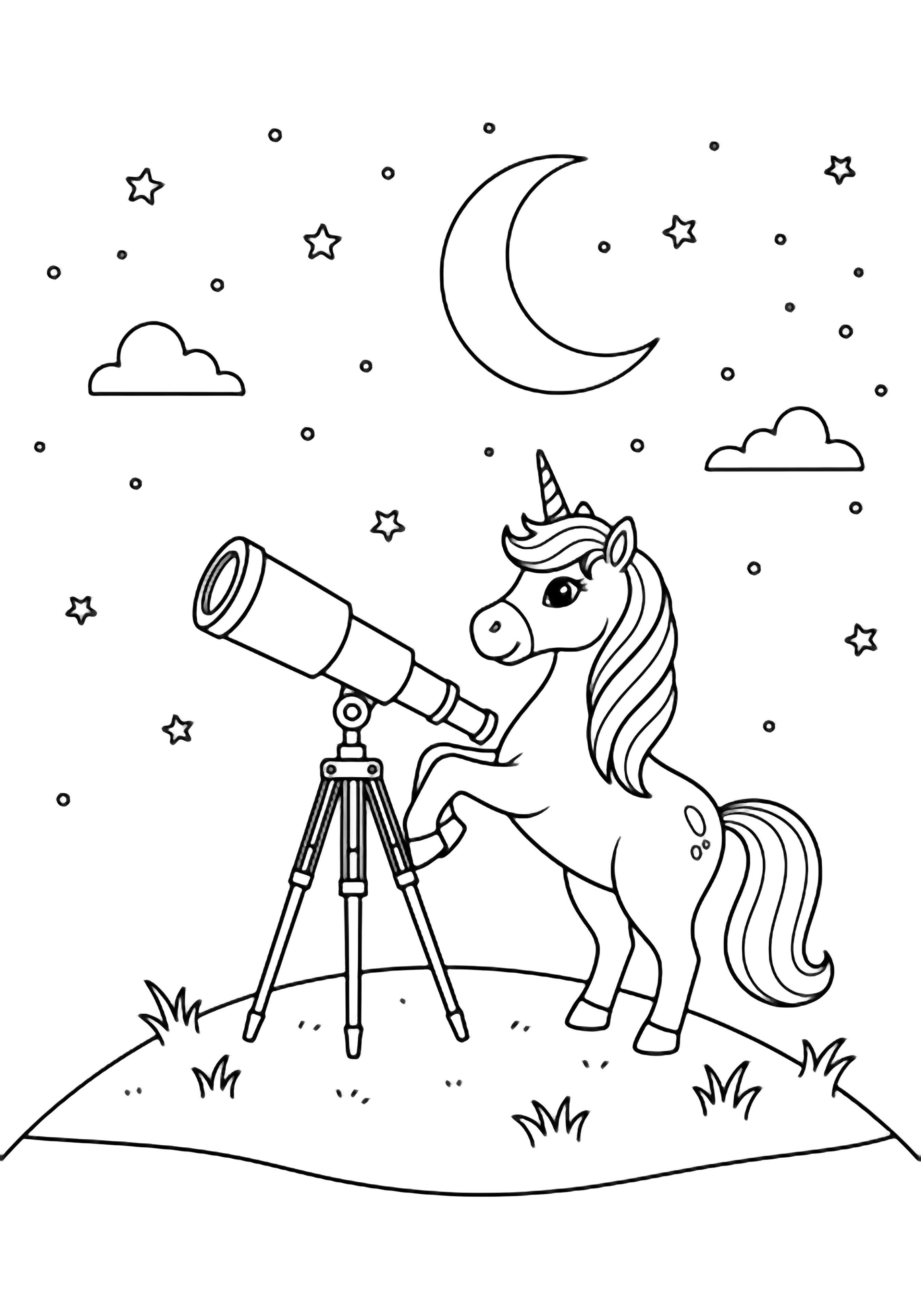 A smiling unicorn on a hill rests its hooves on a tripod telescope aimed at dotted stars and a crescent moon, with grass tufts and tiny clouds around. kleurplaat