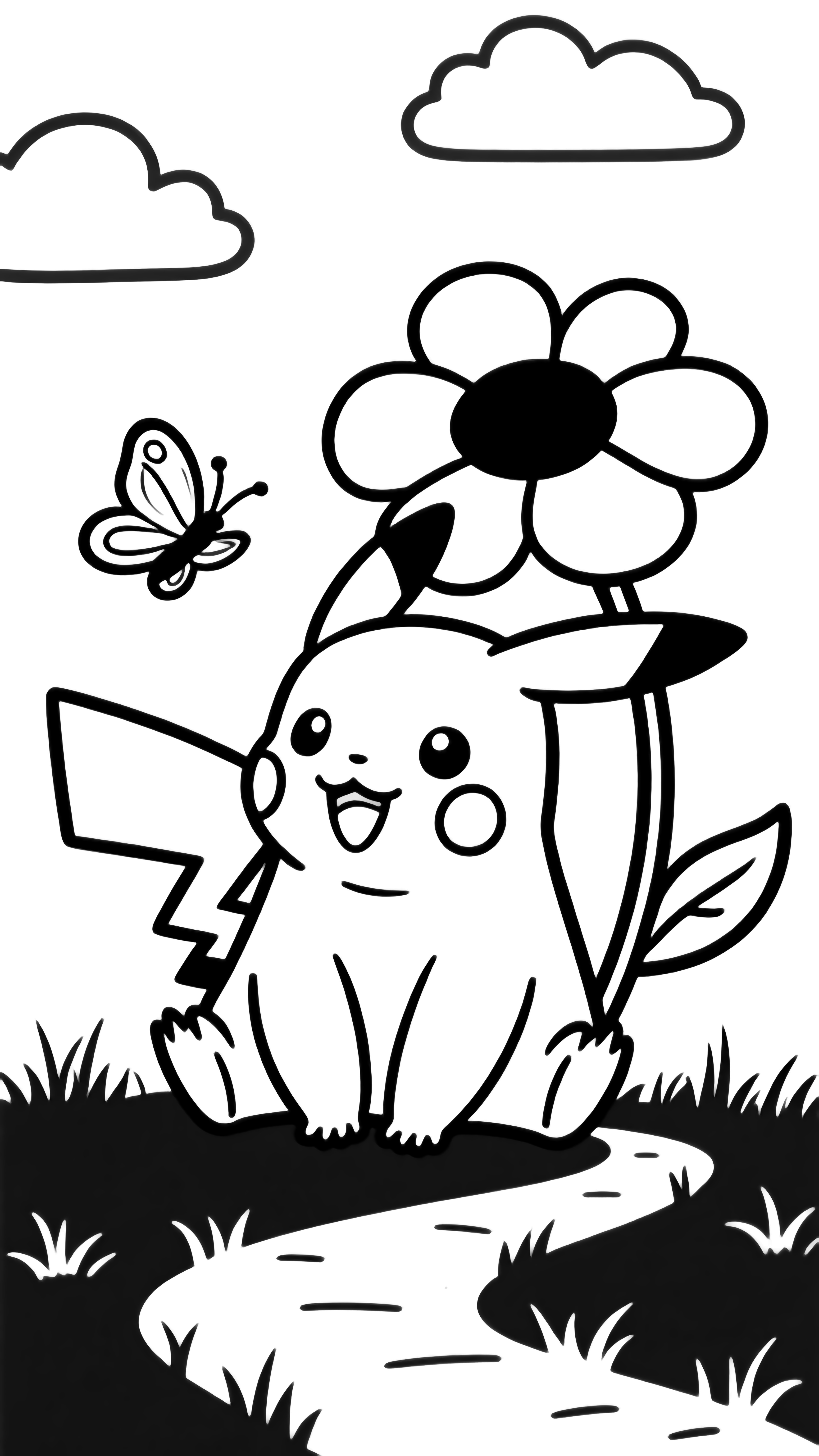 illustration on a pure Pikachu sits happily beneath a big flower tiny butterfly hovering near its tail simple clouds overhead grass tufts and one winding path all in clear bold outlines for easy clean black pure NO fills NO grayscale NO shading NO cross hatching NO solid areas kleurplaat