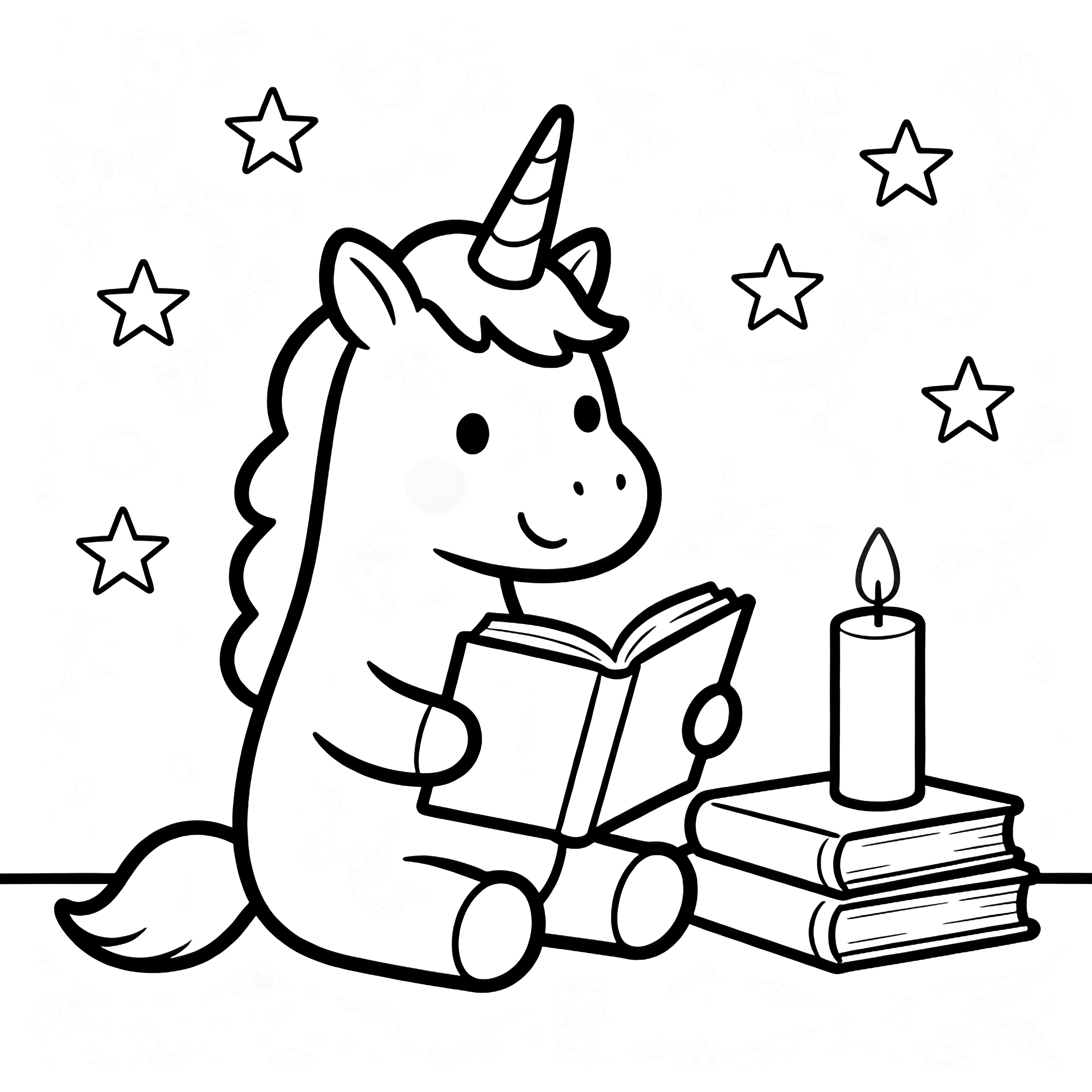 A smiling unicorn sits on its haunches holding an open storybook, with a candle and two stacked books nearby under minimal stars. kleurplaat