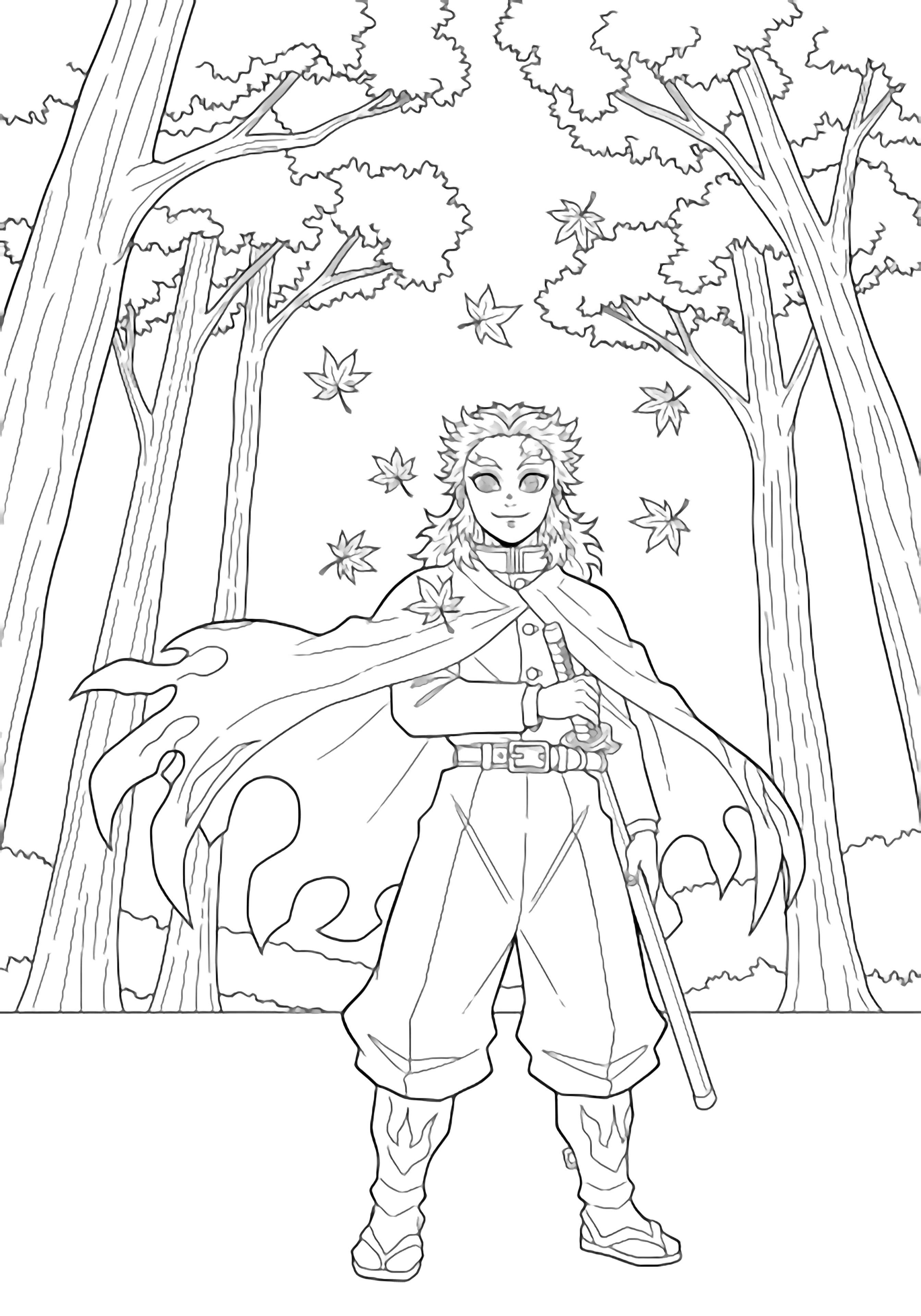 Rengoku Kyojuro stands beneath tall maple trees, cloak billowing, head high, gentle smile, drifting leaves around him, simple horizon behind. kleurplaat
