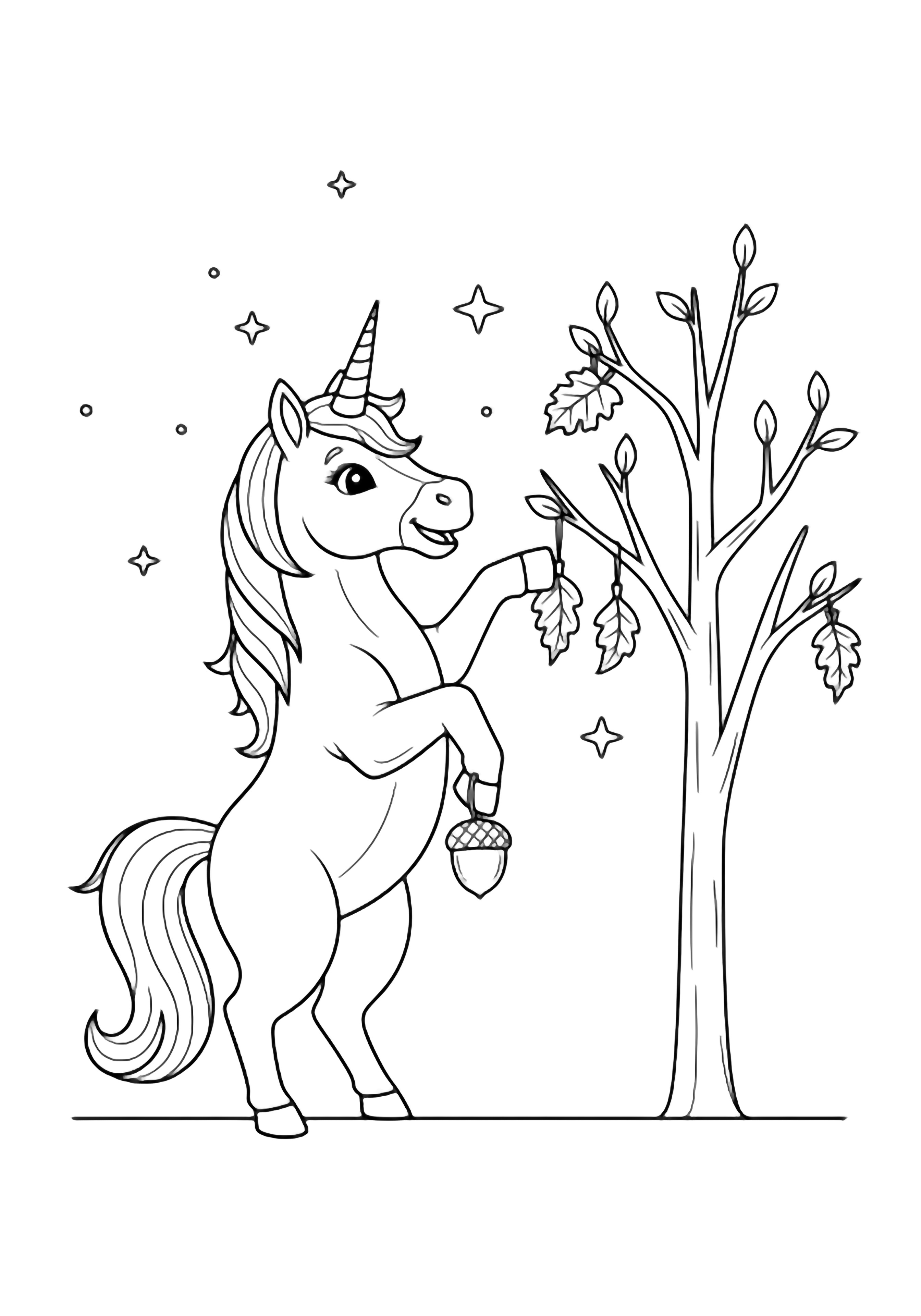 Smiling unicorn rearing to hang acorn and leaf ornaments on a sparse tree, tiny stars drifting above the ground. kleurplaat