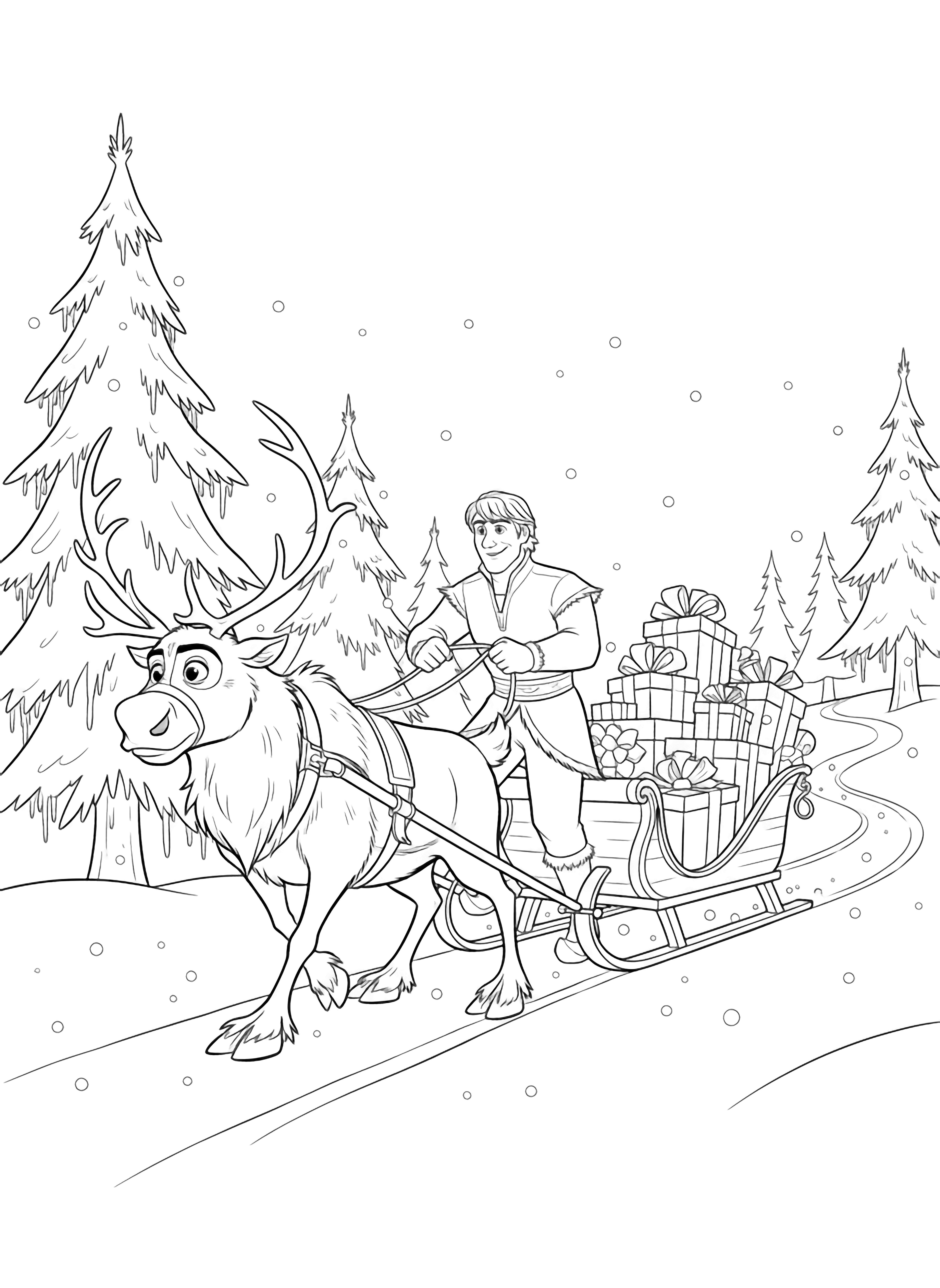Kristoff leads Sven, who pulls a sleigh piled with ribbon-tied gifts along a snowy path between tall pines under dotted falling snow. kleurplaat
