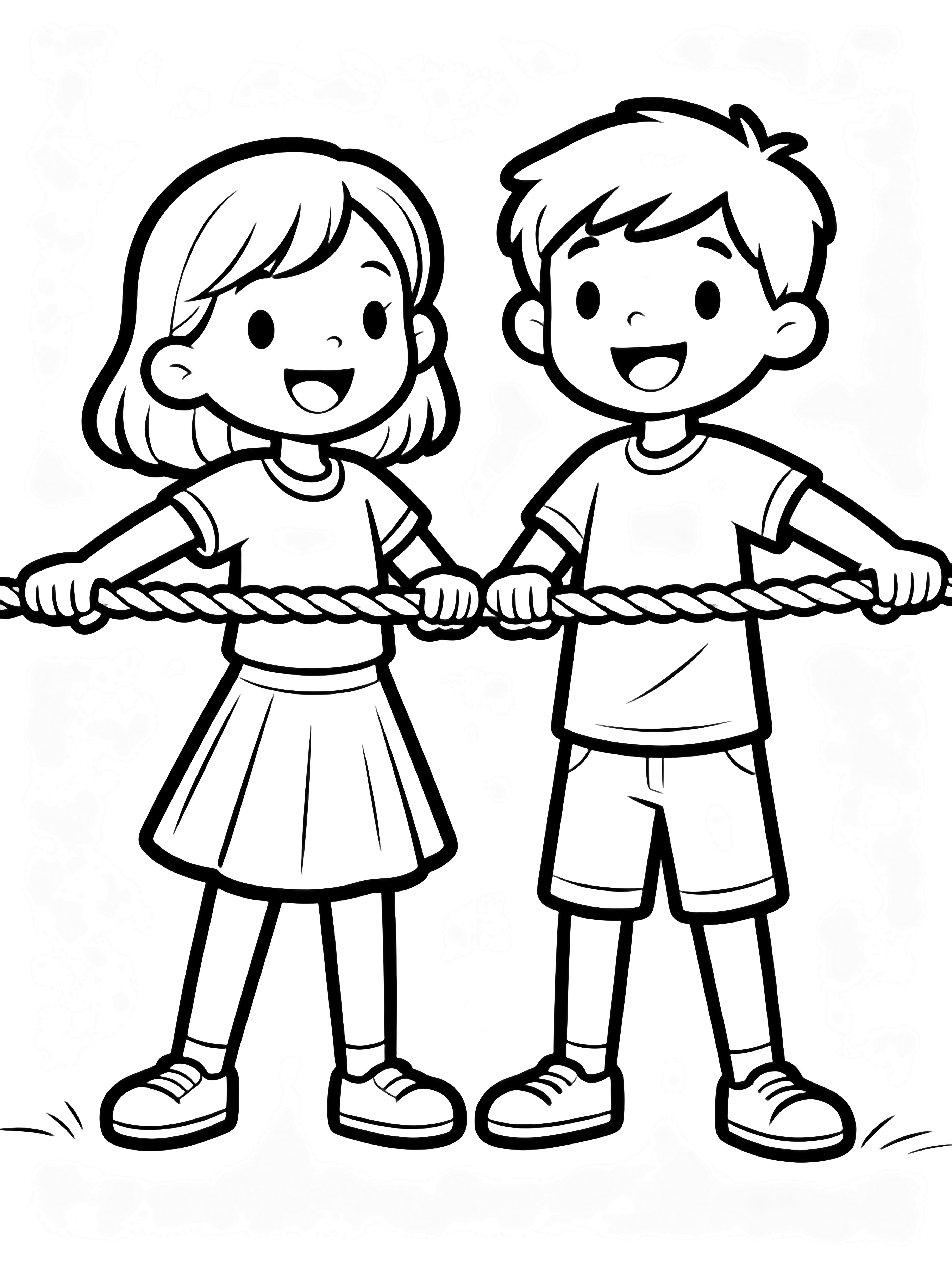 Two cheerful children, a girl and a boy, stand facing each other, gripping a thick rope between them with wide arms and planted feet. kleurplaat