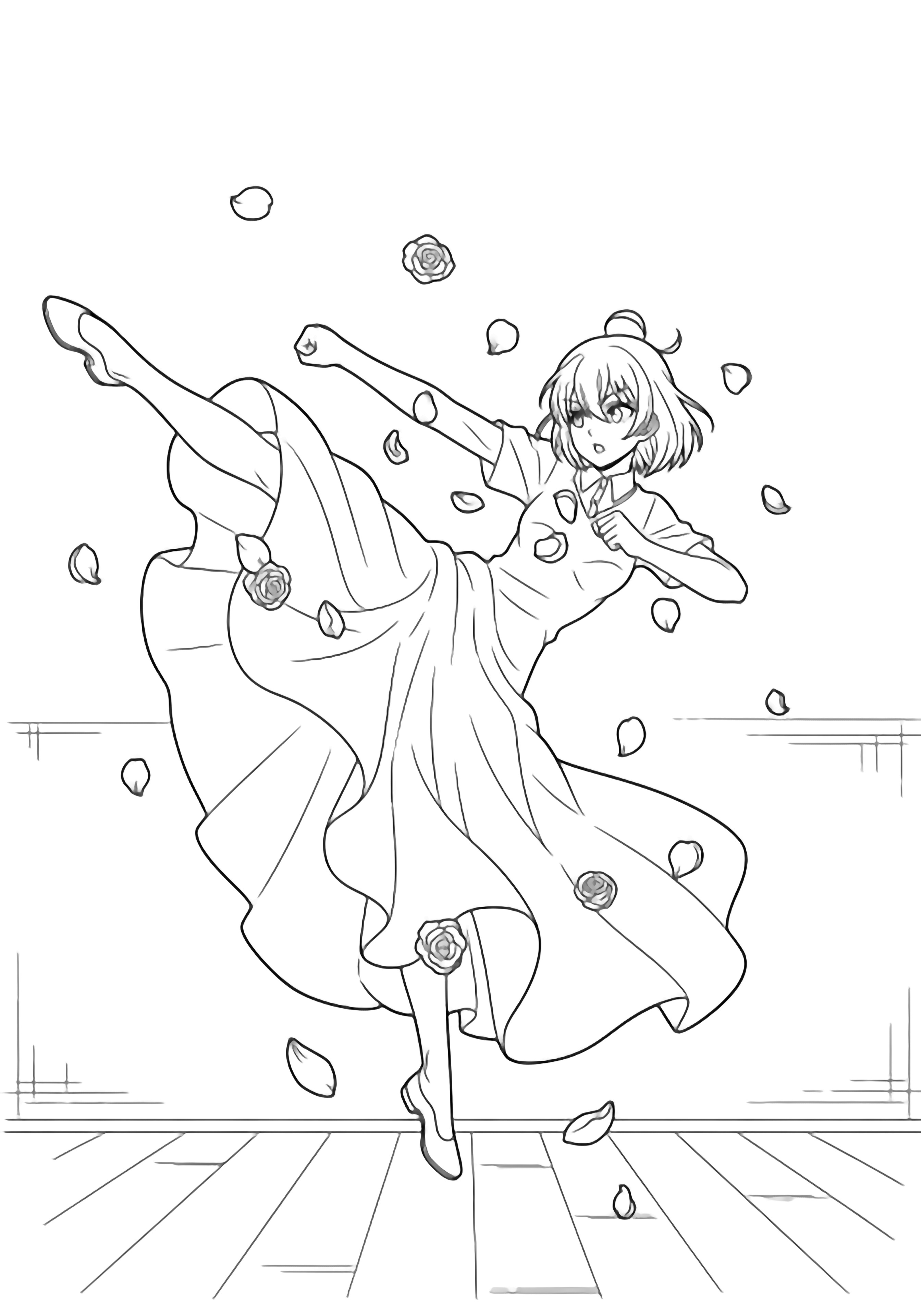 Yor Forger mid-kick in a flowing dress, rose petals drifting around her, simple floorboards and plain wall behind. kleurplaat
