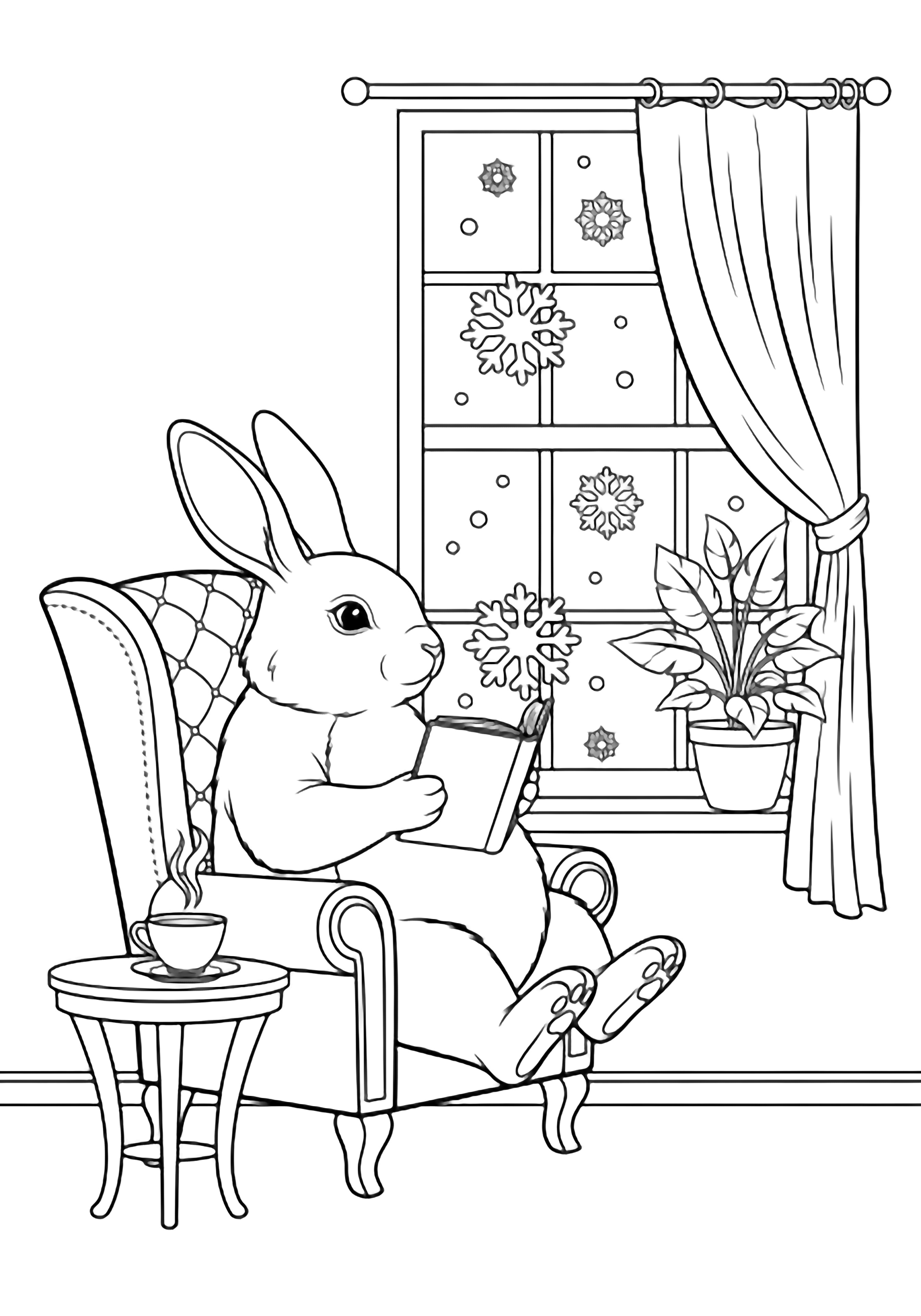 A plump bunny in a high-backed chair reads by a window, snowflakes drifting outside; a steaming teacup rests on a nearby table, curtains and a potted plant framing the cozy nook. kleurplaat