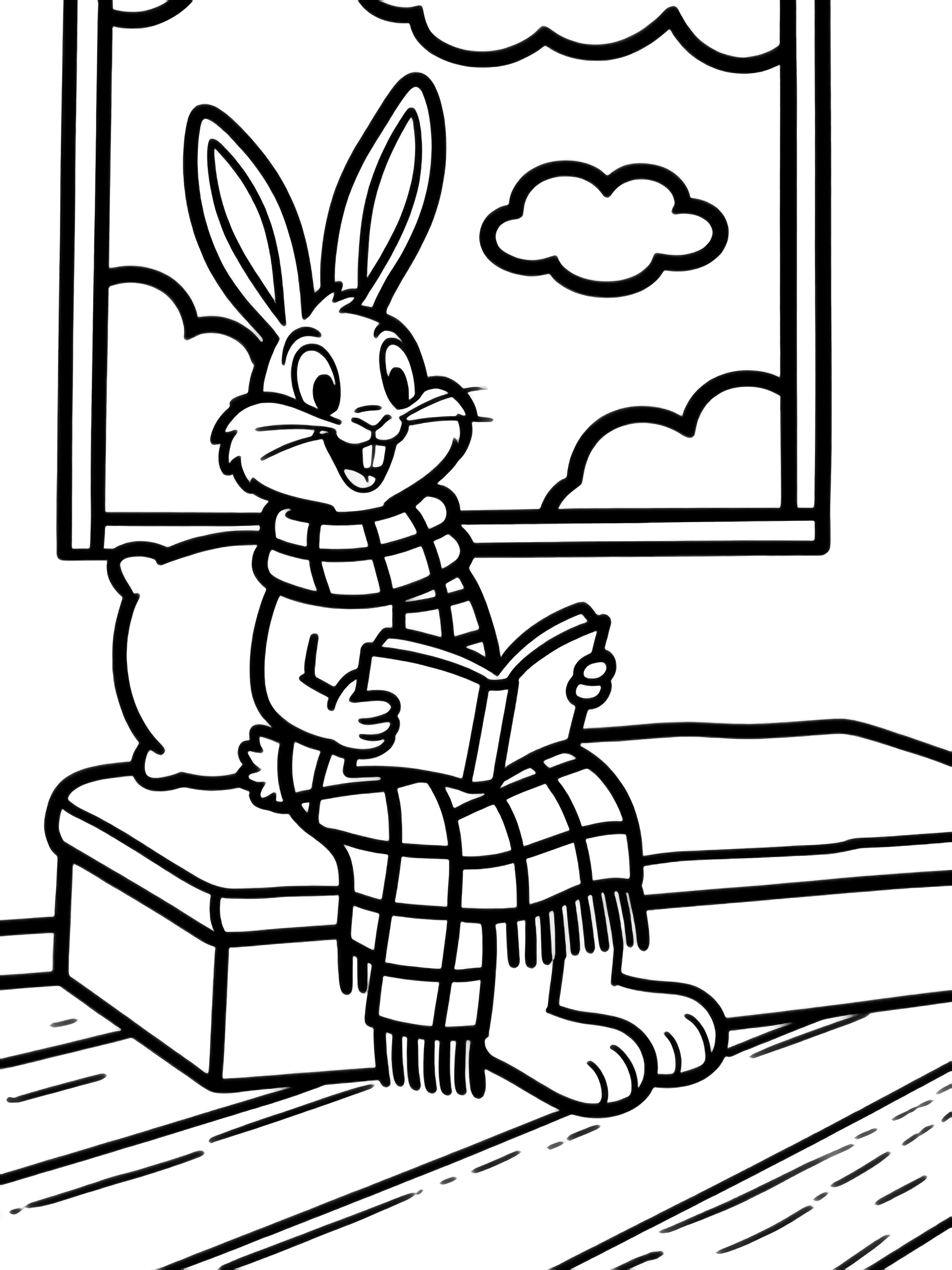 Bugs Bunny lounges on a window seat, plaid scarf around his neck, reading an open book while clouds drift past the simple frame and floorboards stretch below. kleurplaat
