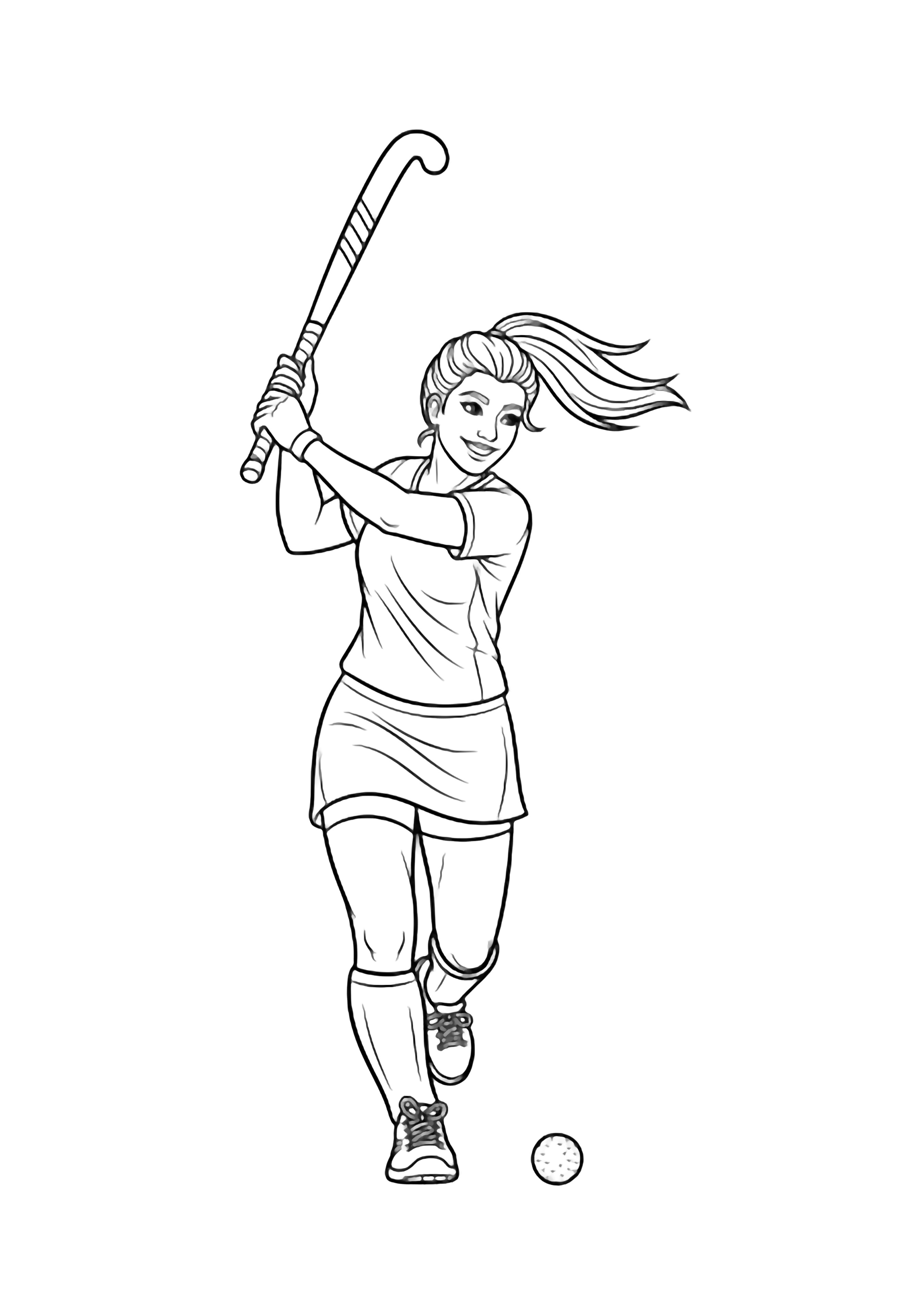 Smiling field-hockey player with ponytail swings stick high; jersey, shorts, sneakers, ball at feet. kleurplaat