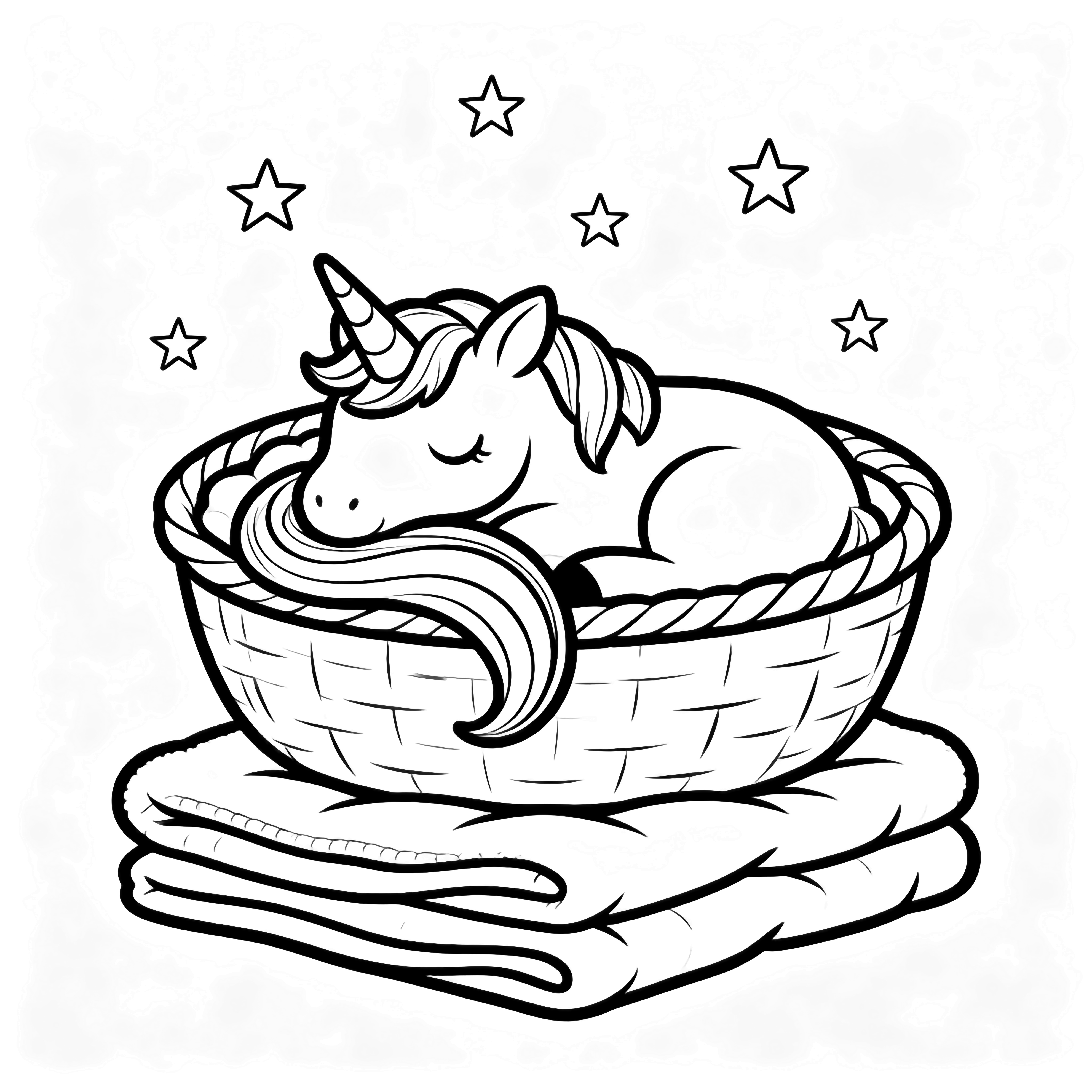 A sleepy unicorn curls inside a round basket, tail wrapped around its body, with stacked blankets below and tiny stars drifting above. kleurplaat