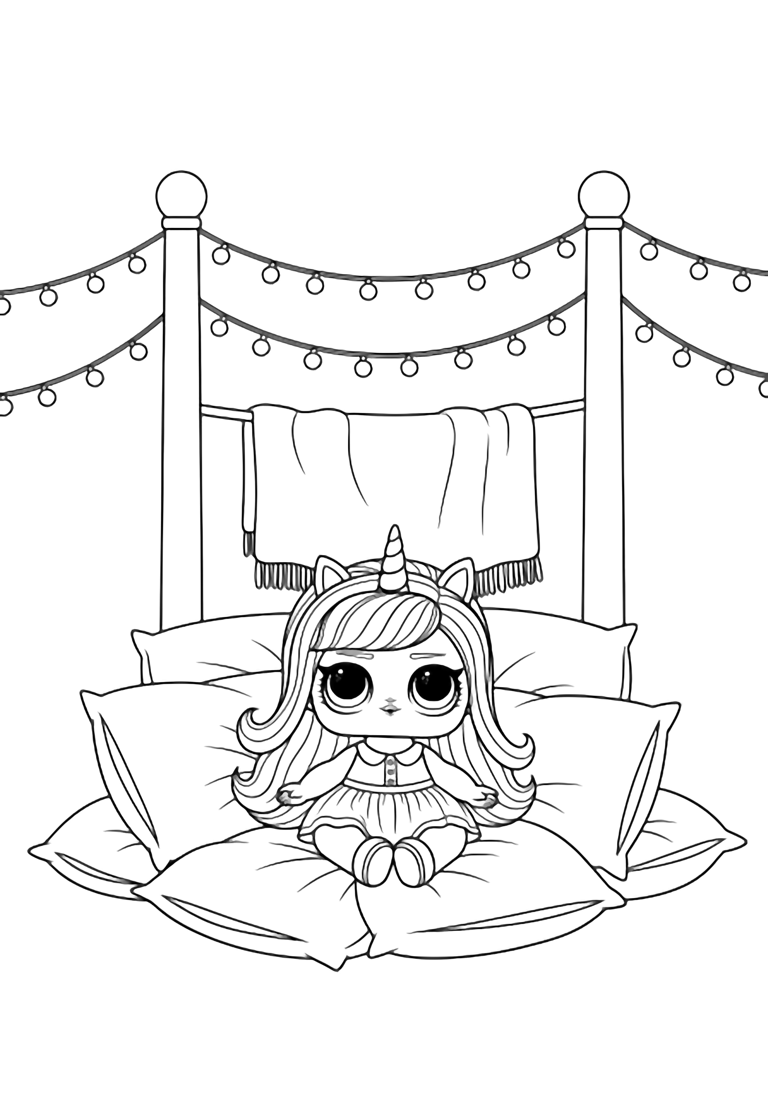 LOL Unicorn doll sits cross-legged on fluffy pillows, horn and long hair flowing; fairy-light strings arc above bedposts and draped blanket behind. kleurplaat