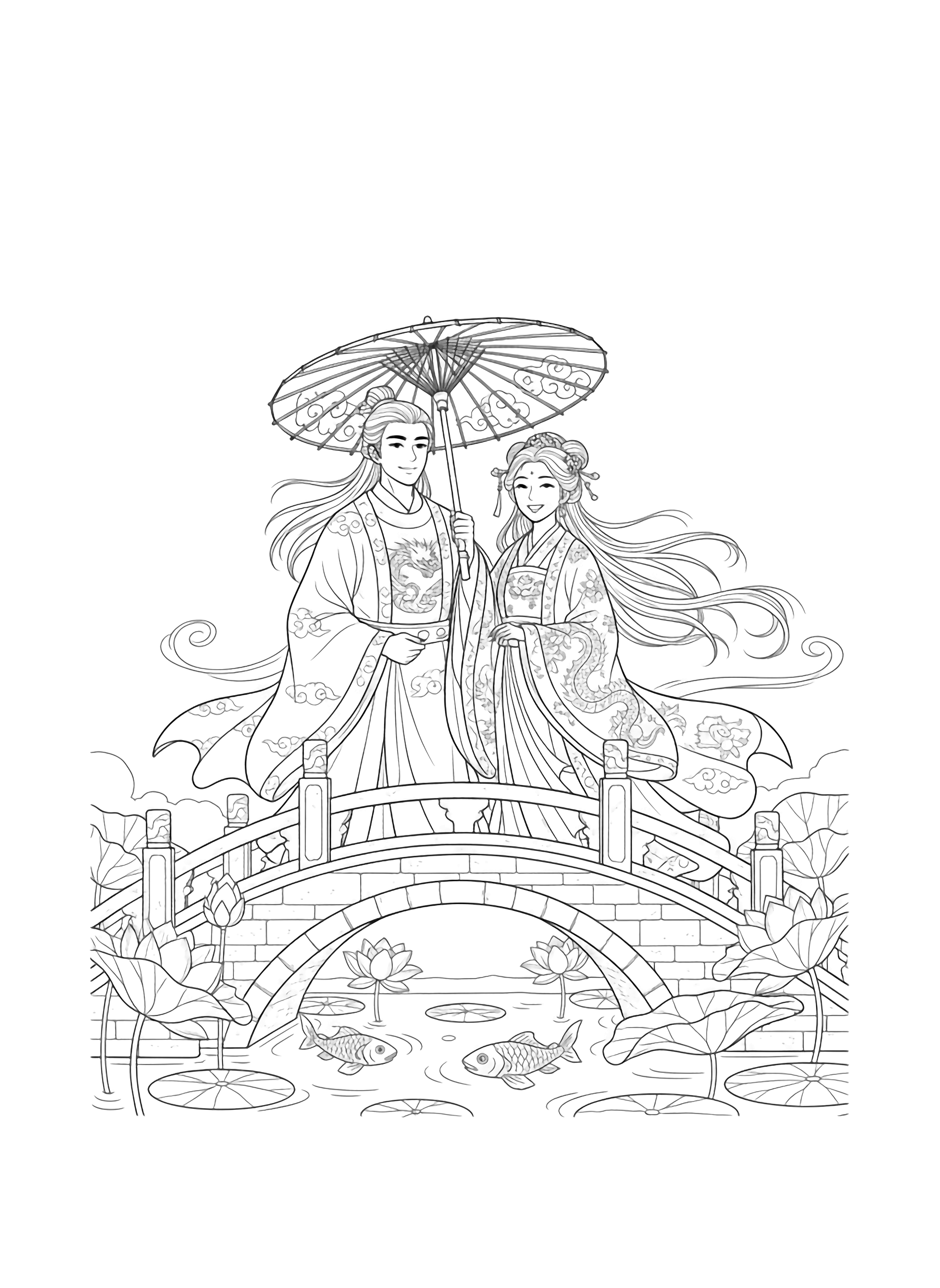A black and white page of a smiling prince and princess in flowing traditional robes They stand on a graceful arched bridge over a lotus pond the prince holding a delicate paper parasol above them Their robes are decorated with intricate cloud and dragon patterns and gentle swirls of wind play with their long hair clean black and white line drawing minimal shading no colour no fill kleurplaat
