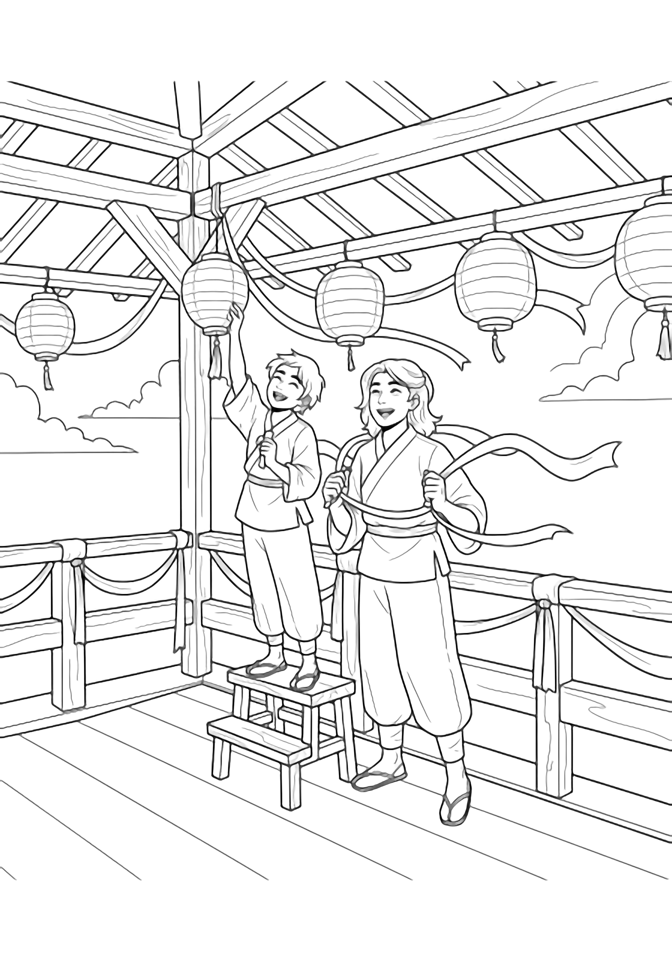 Lin and Boh hang lanterns and ribbons on a bathhouse veranda, standing on a low stool with light clouds behind. kleurplaat