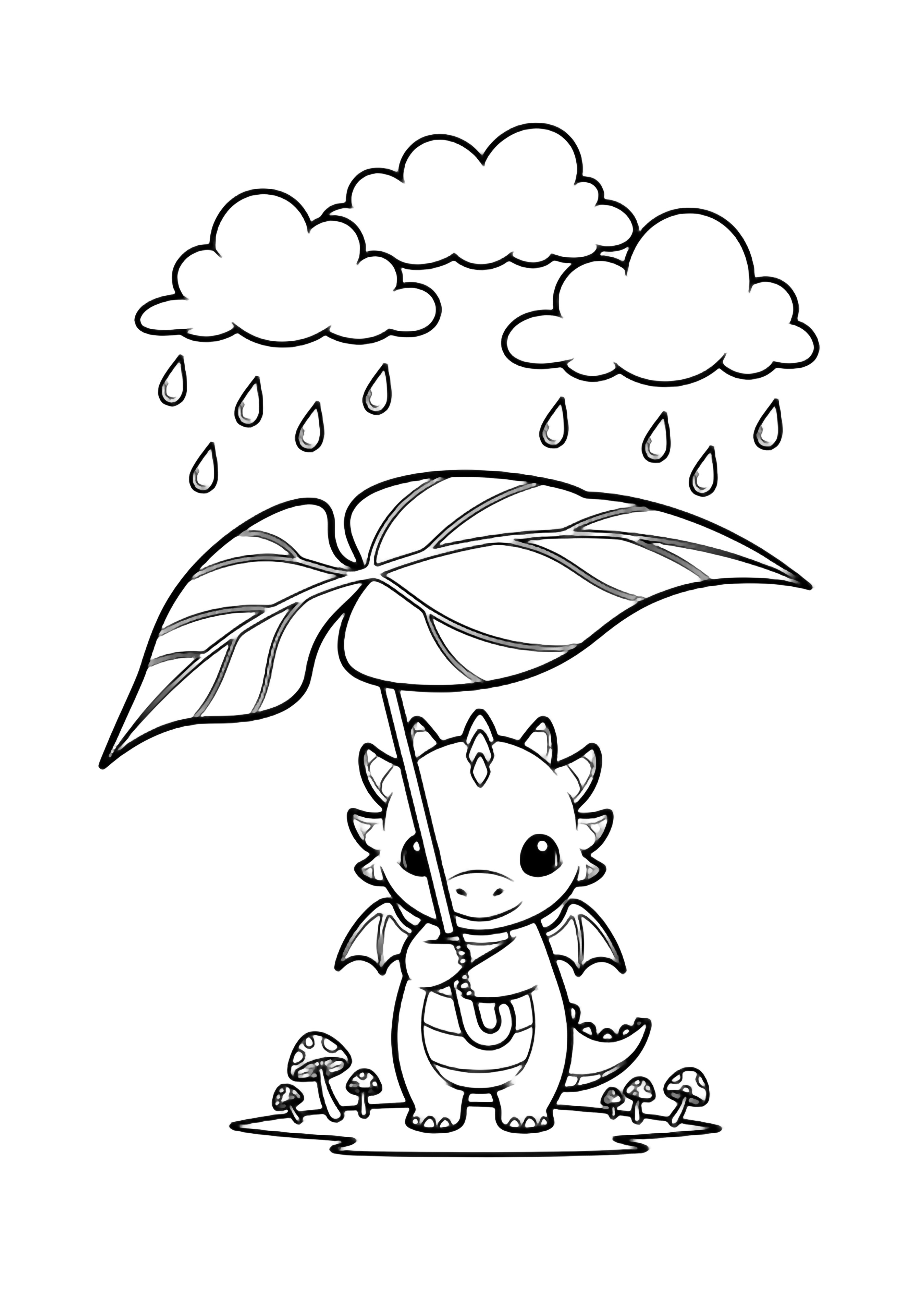 Chibi baby dragon hugging a giant leaf umbrella, raindrops drifting above, tiny mushrooms below. kleurplaat
