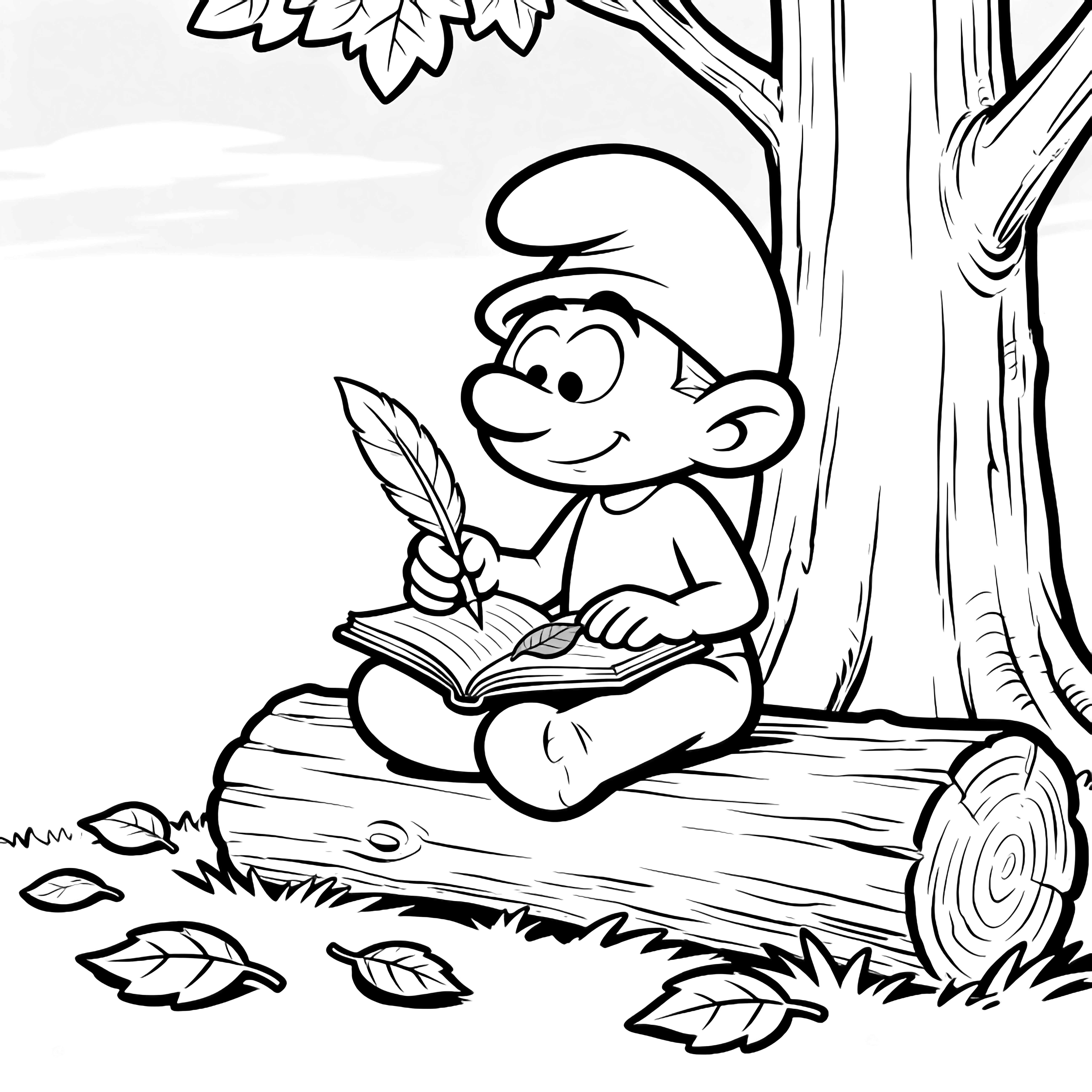 Brainy Smurf sits cross-legged on a log, notebook open, quill poised; fallen leaves circle the base of a simple tree trunk under a clear sky. kleurplaat