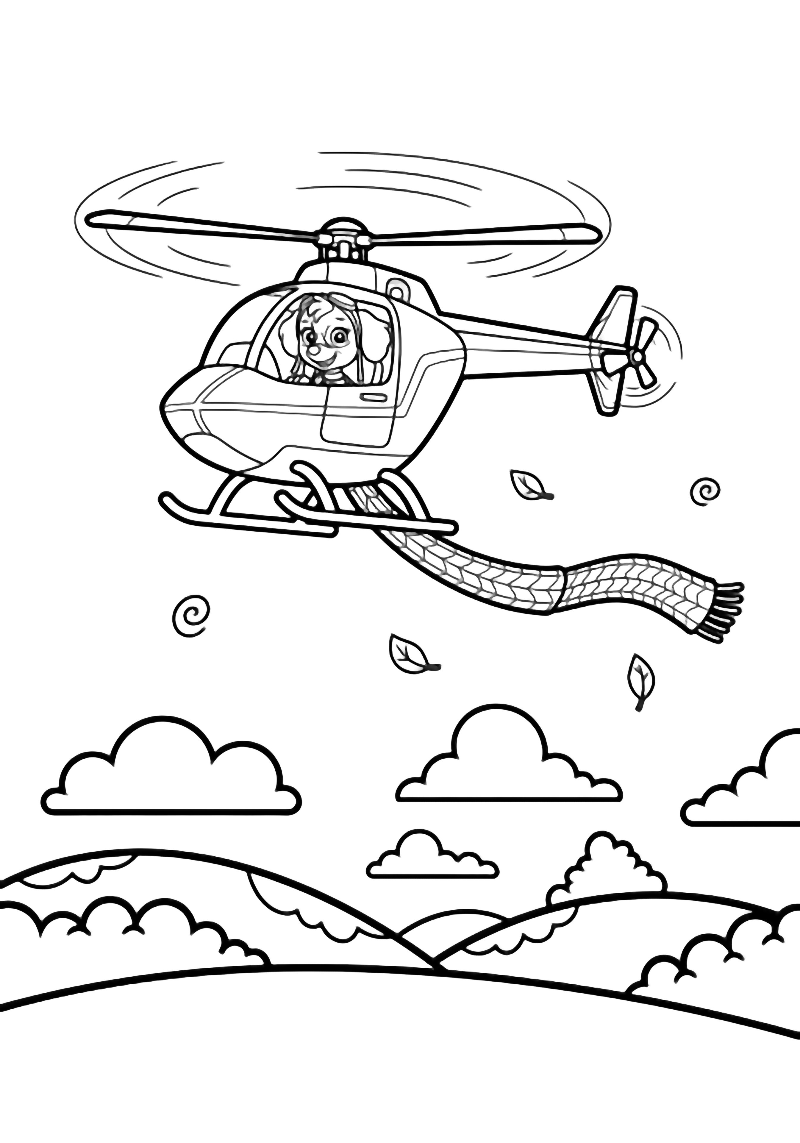 Skye's helicopter zooms above Adventure Bay; her scarf streams back, leaves swirl, clouds drift, and gentle hills roll below. kleurplaat