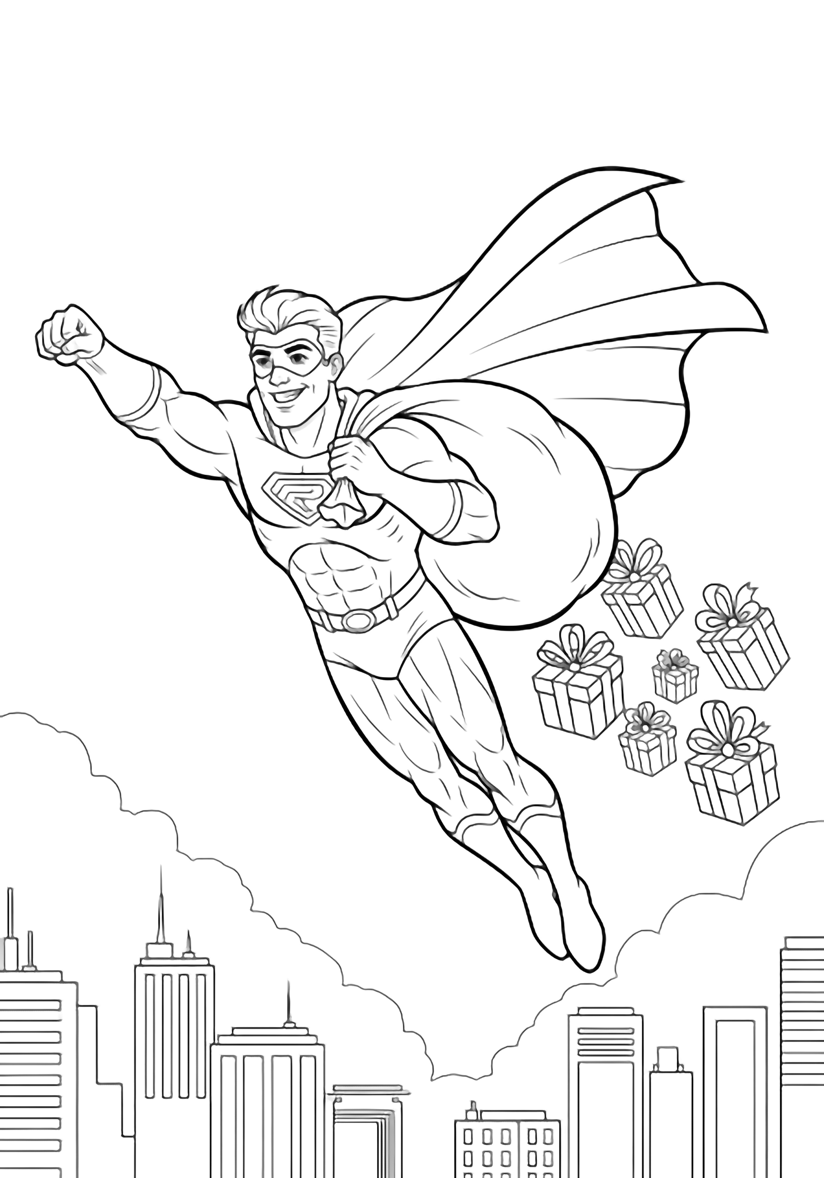 Smiling caped hero flying forward, sack on shoulder, gift boxes floating behind, simple city skyline below. kleurplaat