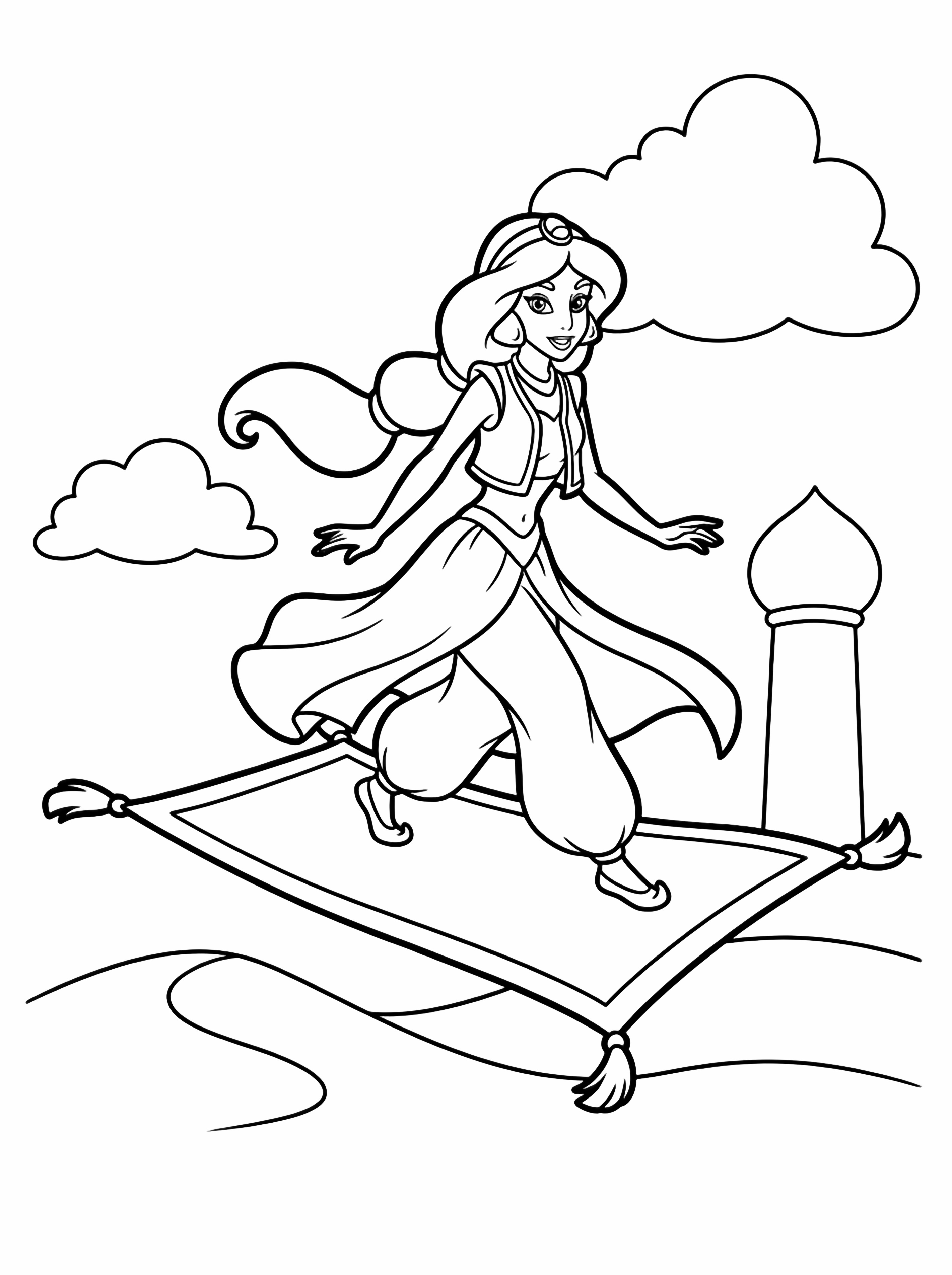 Princess Jasmine from Aladdin glides forward on her rectangular flying carpet, ponytail and vest-skirt fluttering; tasseled carpet, clouds, minaret and dunes behind. kleurplaat