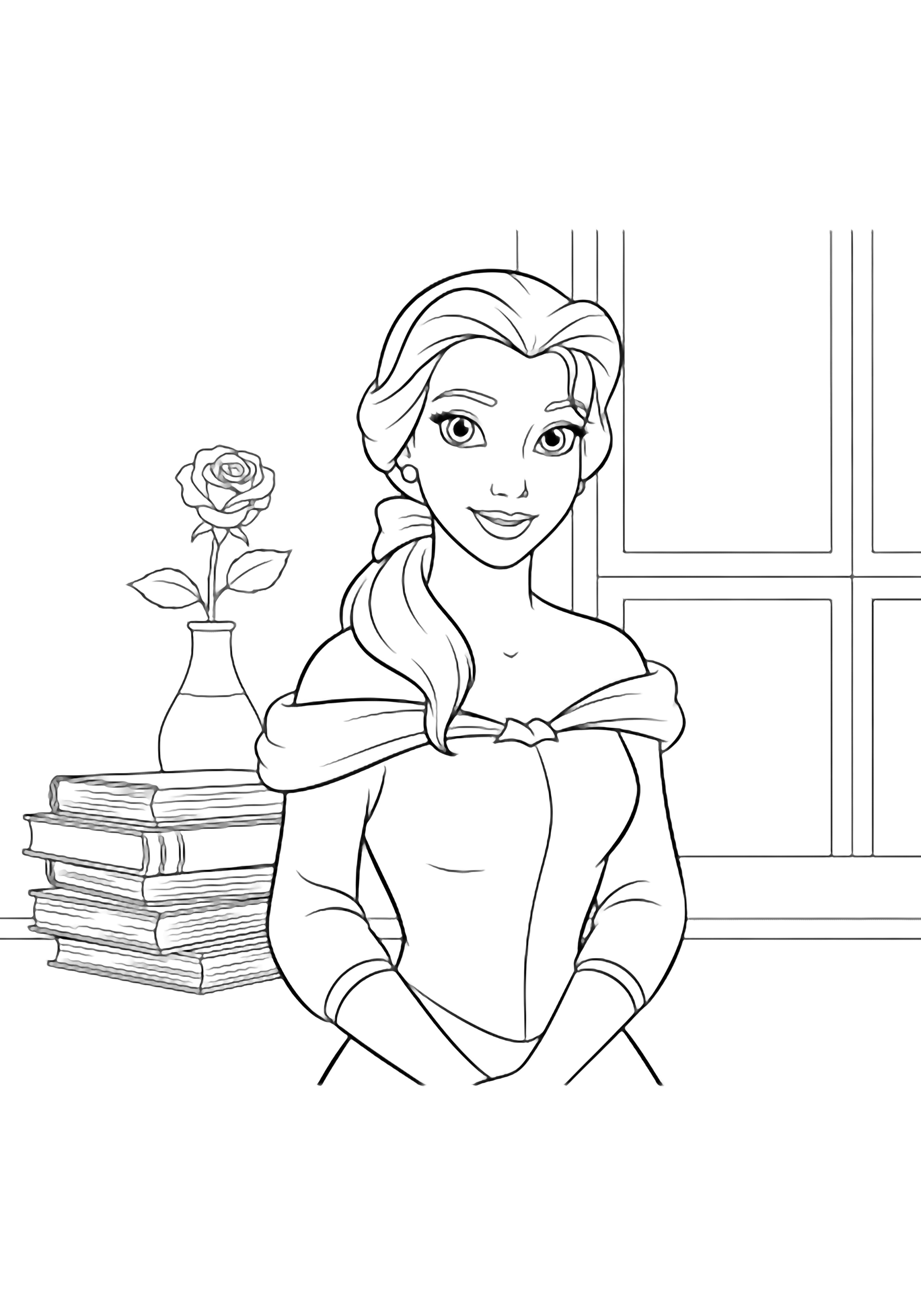 Belle stands smiling, hair in a ponytail, wearing an off-shoulder dress; behind her are stacked books, a rose in a vase, and a faint window frame. kleurplaat