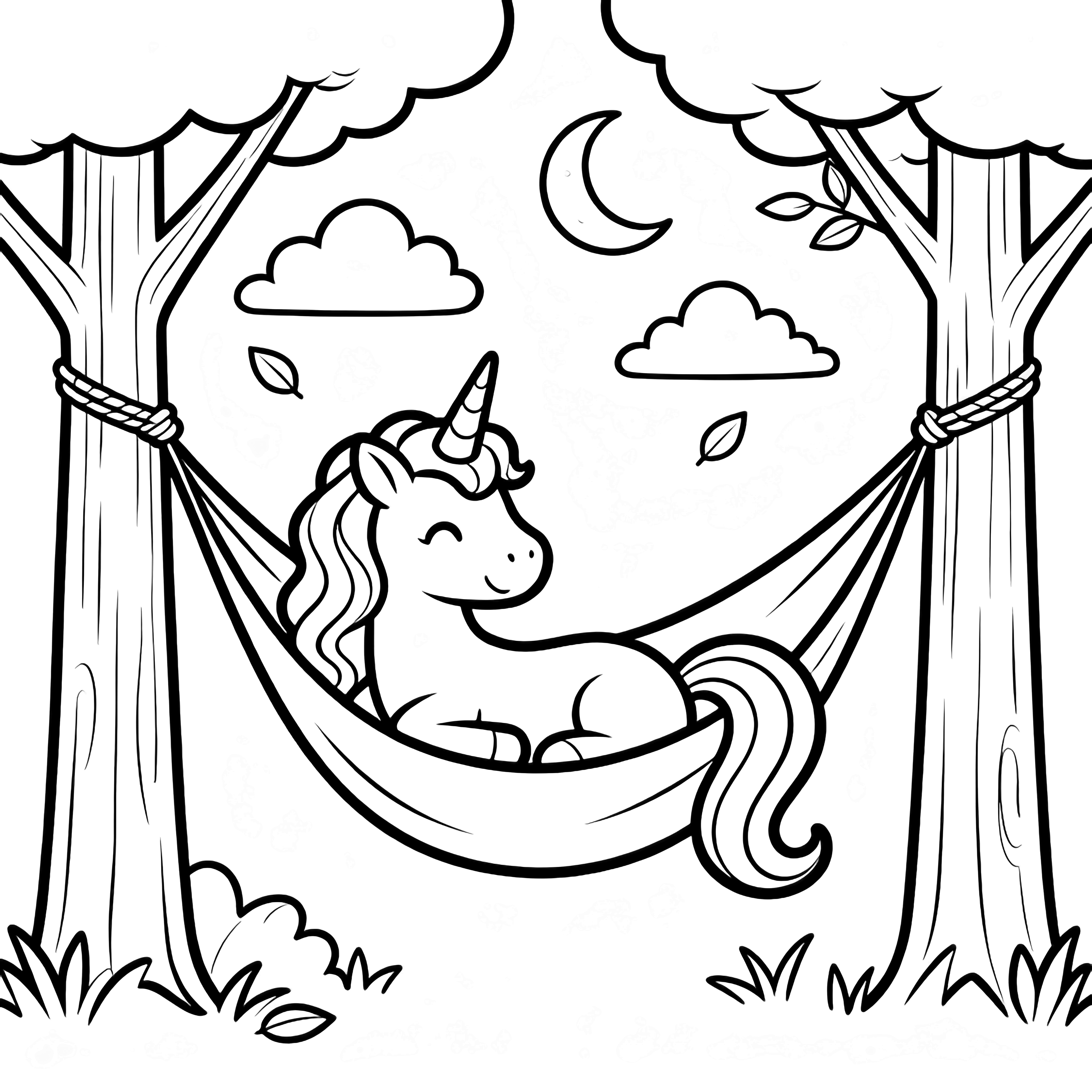 A contented unicorn rests in a hammock slung between two trees; clouds, drifting leaves and a slim crescent moon hover overhead. kleurplaat