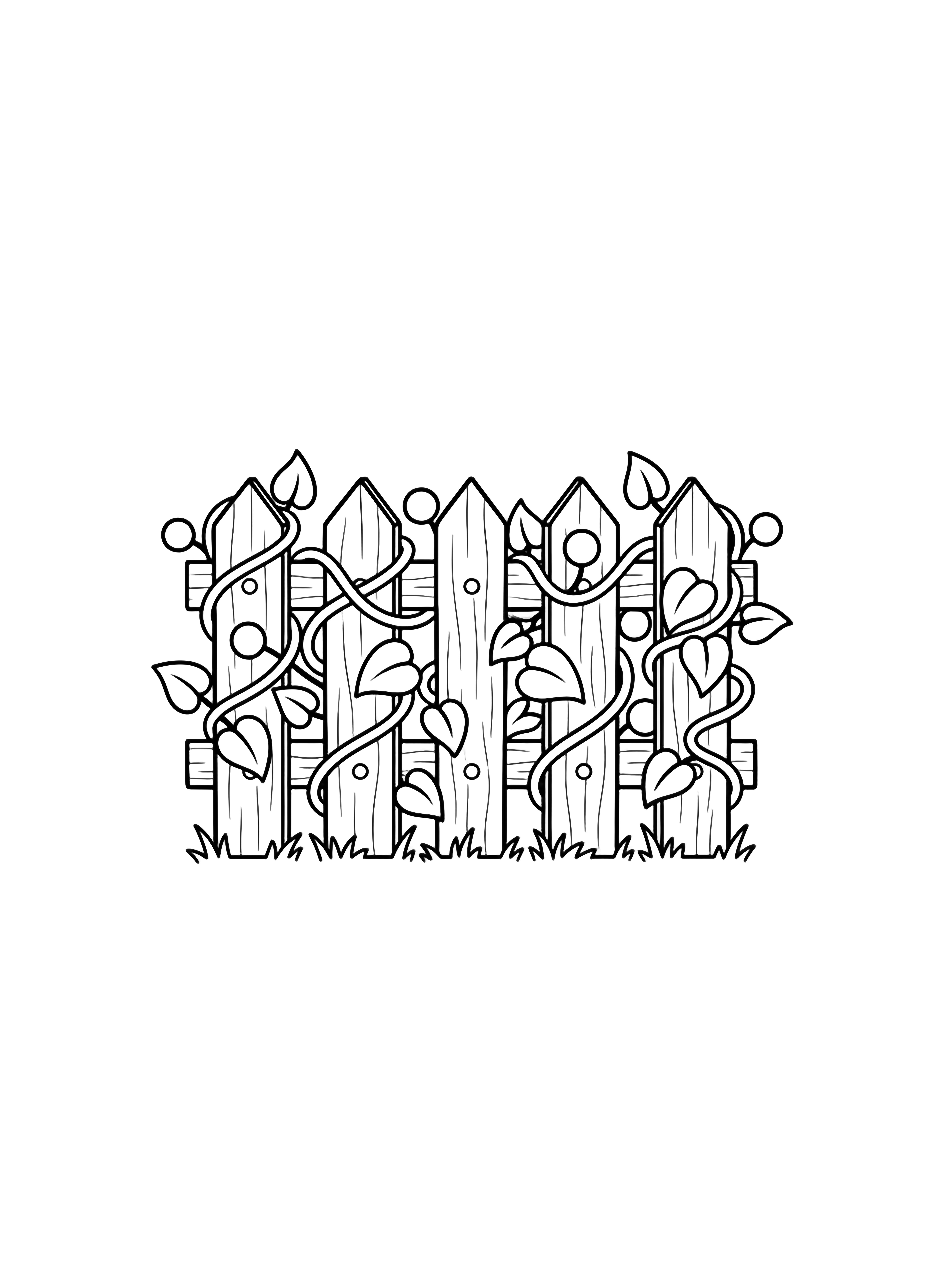 A picket fence entwined with curling vines, broad leaves and small flower buds stands on sparse grass beneath an empty sky. kleurplaat