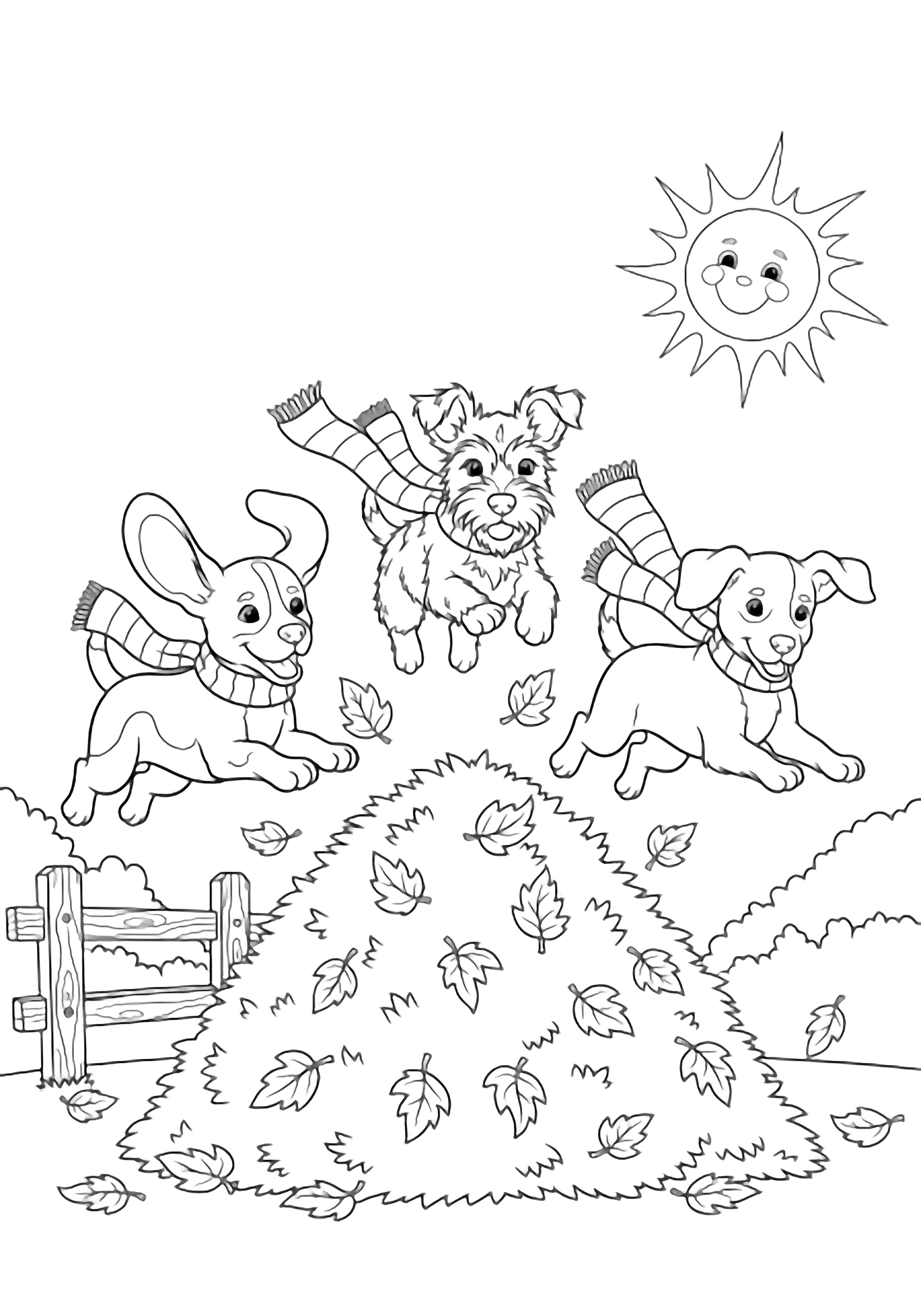 Three playful puppies leap above a pile of autumn leaves, their striped scarves fluttering, with a simple fence, scattered leaves and a smiling sun behind them. kleurplaat
