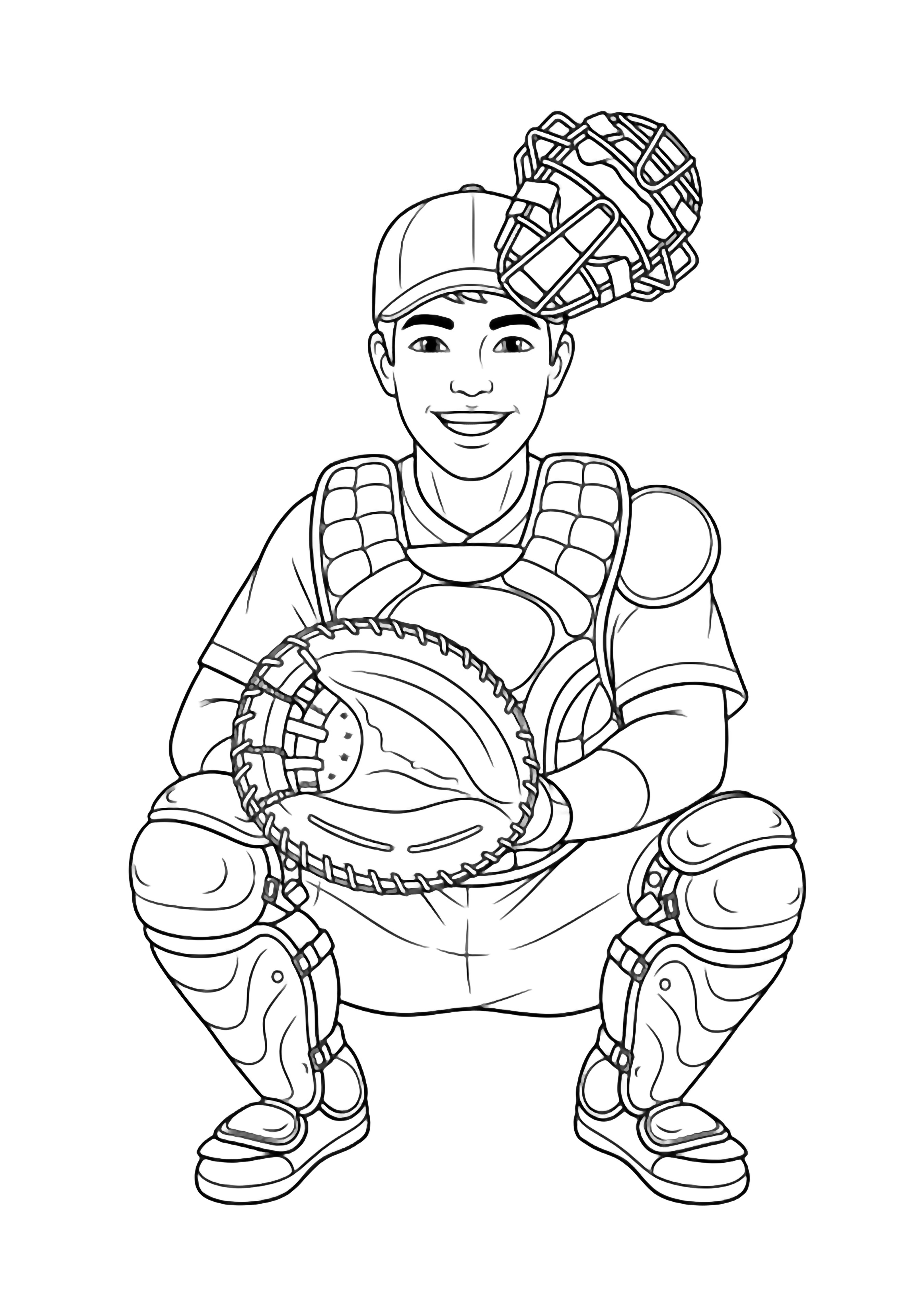 A smiling catcher crouches with mitt open wide, mask tipped up, wearing full uniform and gear. kleurplaat