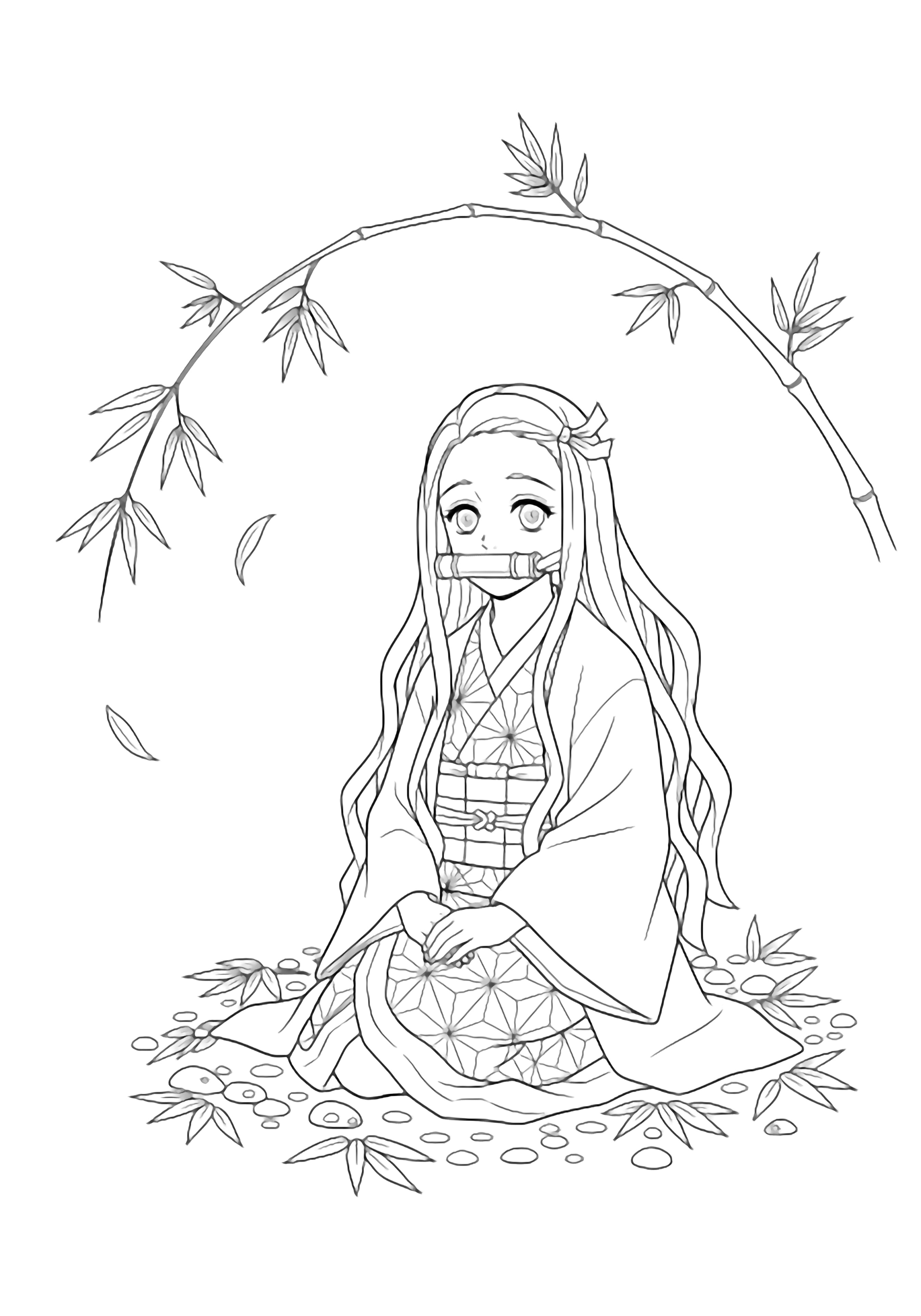 Nezuko kneels in a bamboo grove, hands folded in her lap, kimono and flowing hair ribbon detailed, slender bamboos arching behind with drifting leaves. kleurplaat