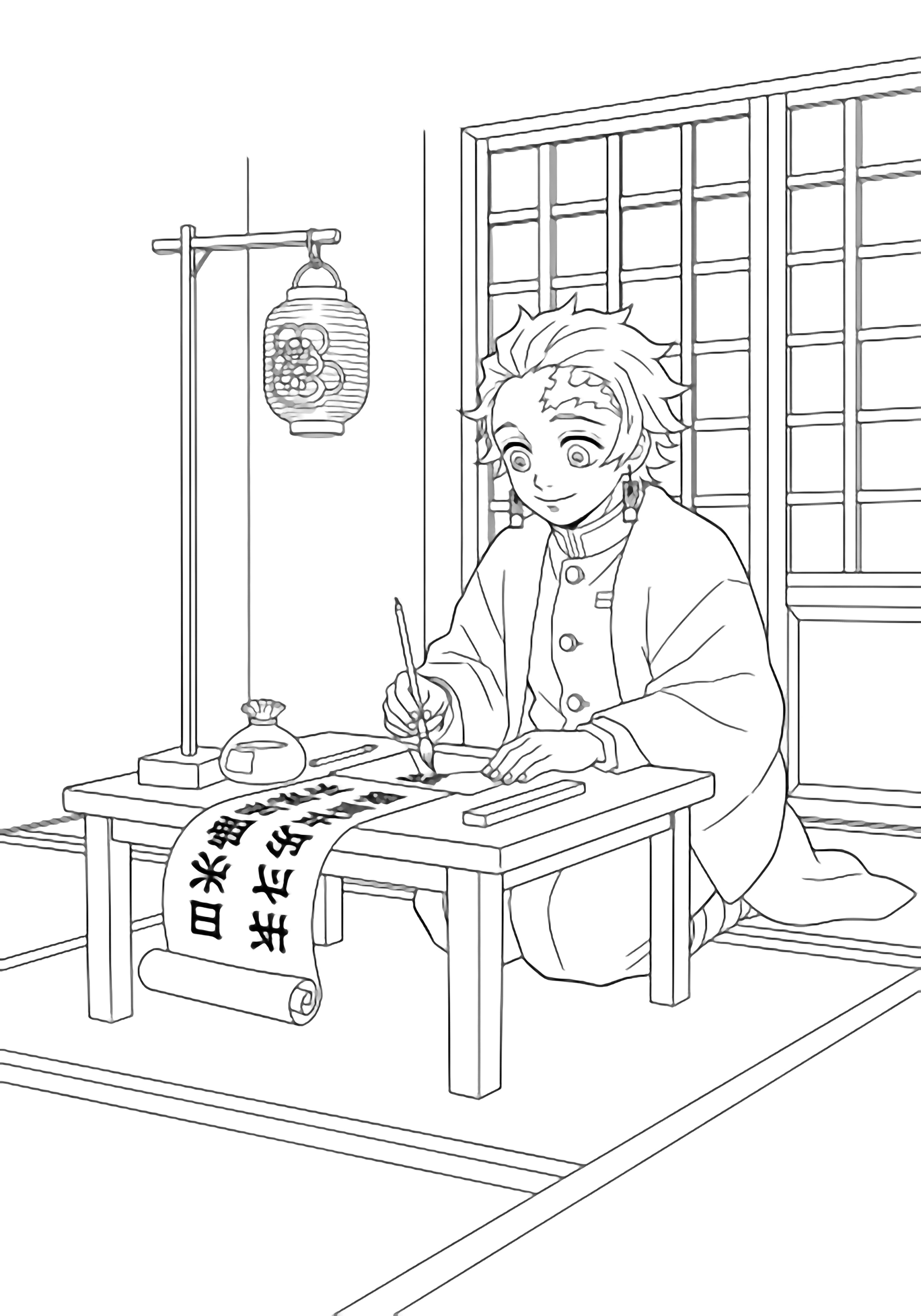 Tanjiro kneels at a low table, writing a letter; paper roll, ink pot, tiny lantern above; gentle smile, plain tatami, sliding screen. kleurplaat