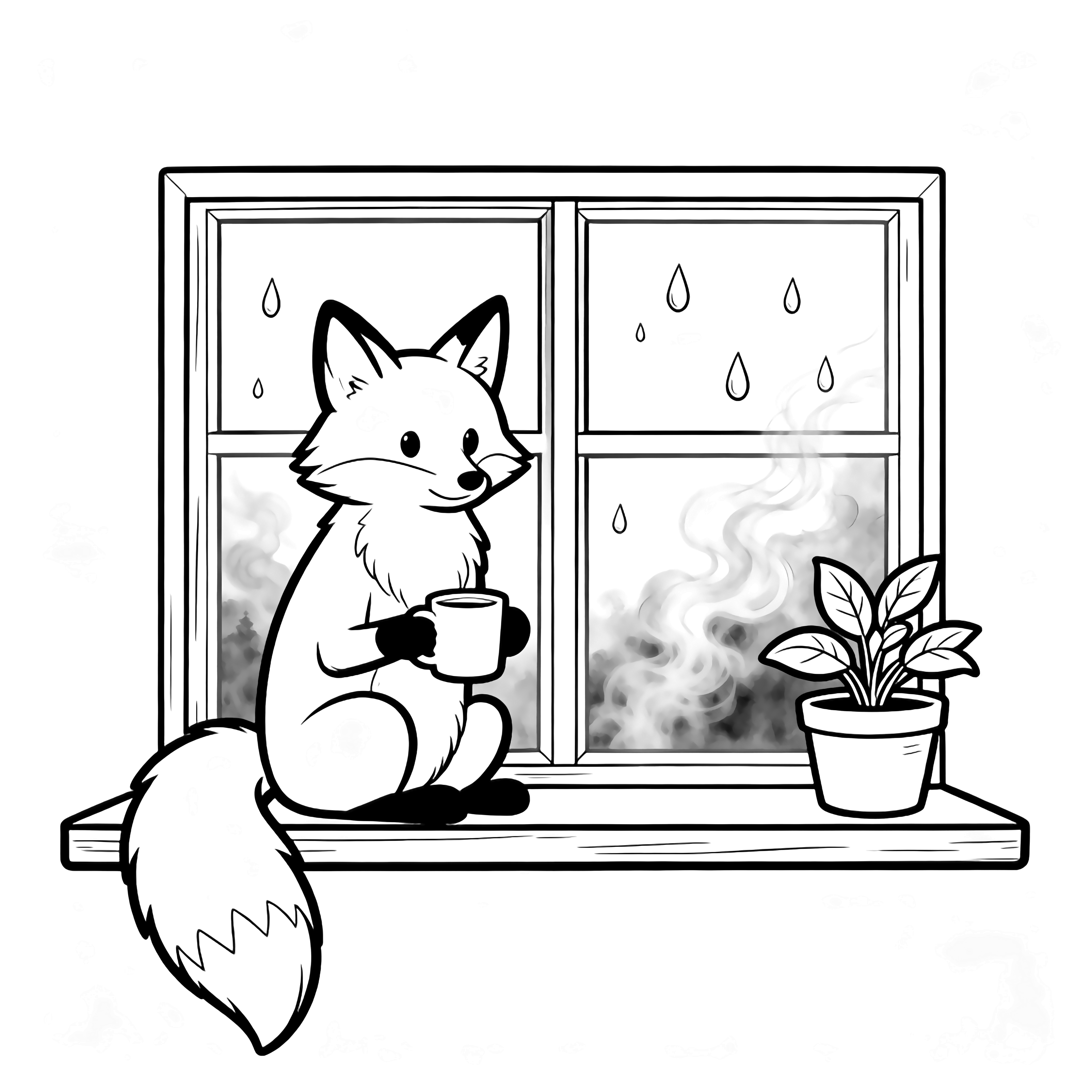 A serene fox perched on a narrow window ledge, paws curled around a mug, fog and droplets on the pane, potted plant nearby. kleurplaat