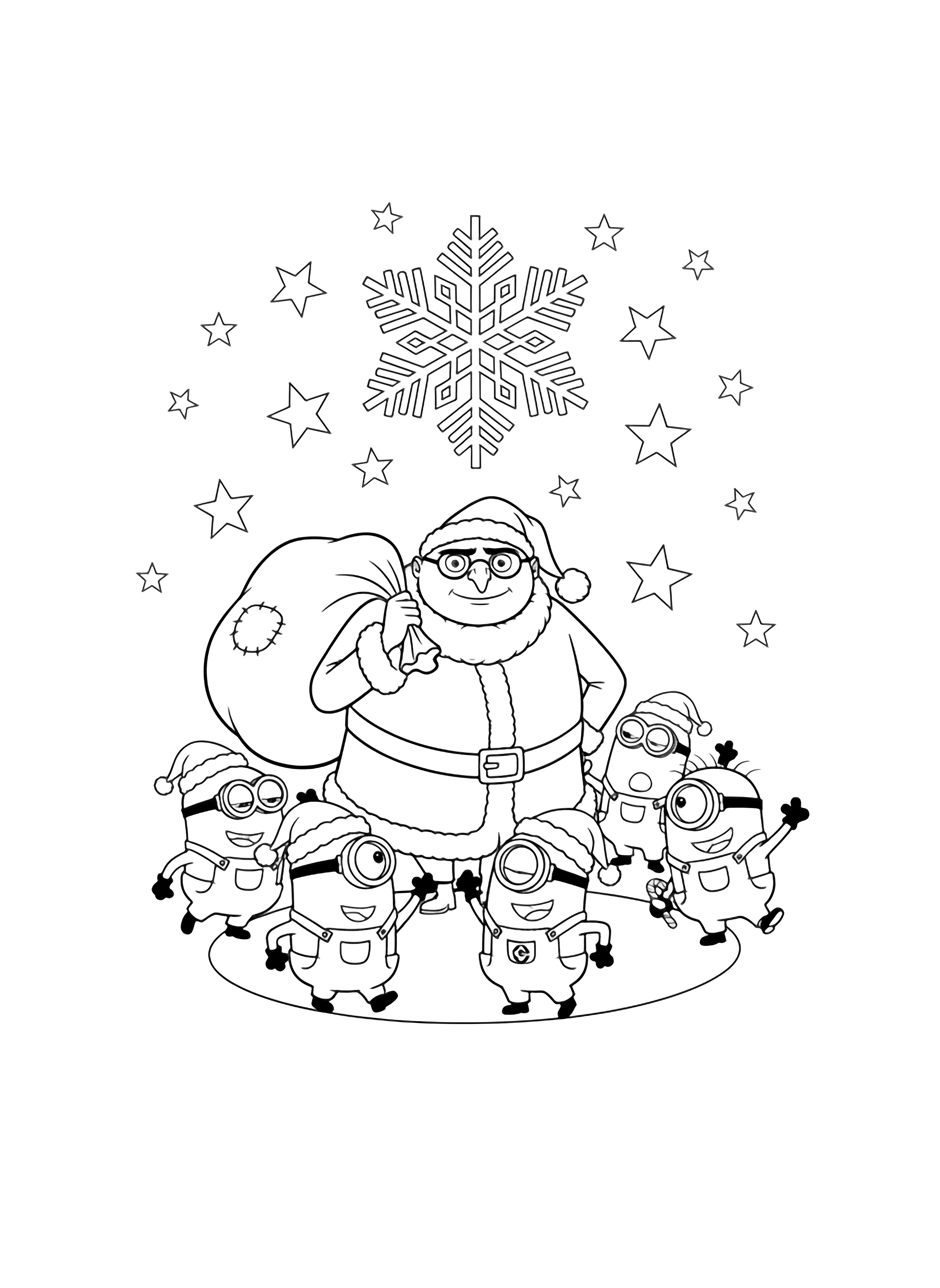 Gru in Santa hat with sack, five Minions dancing around him under falling snowflakes and stars. kleurplaat