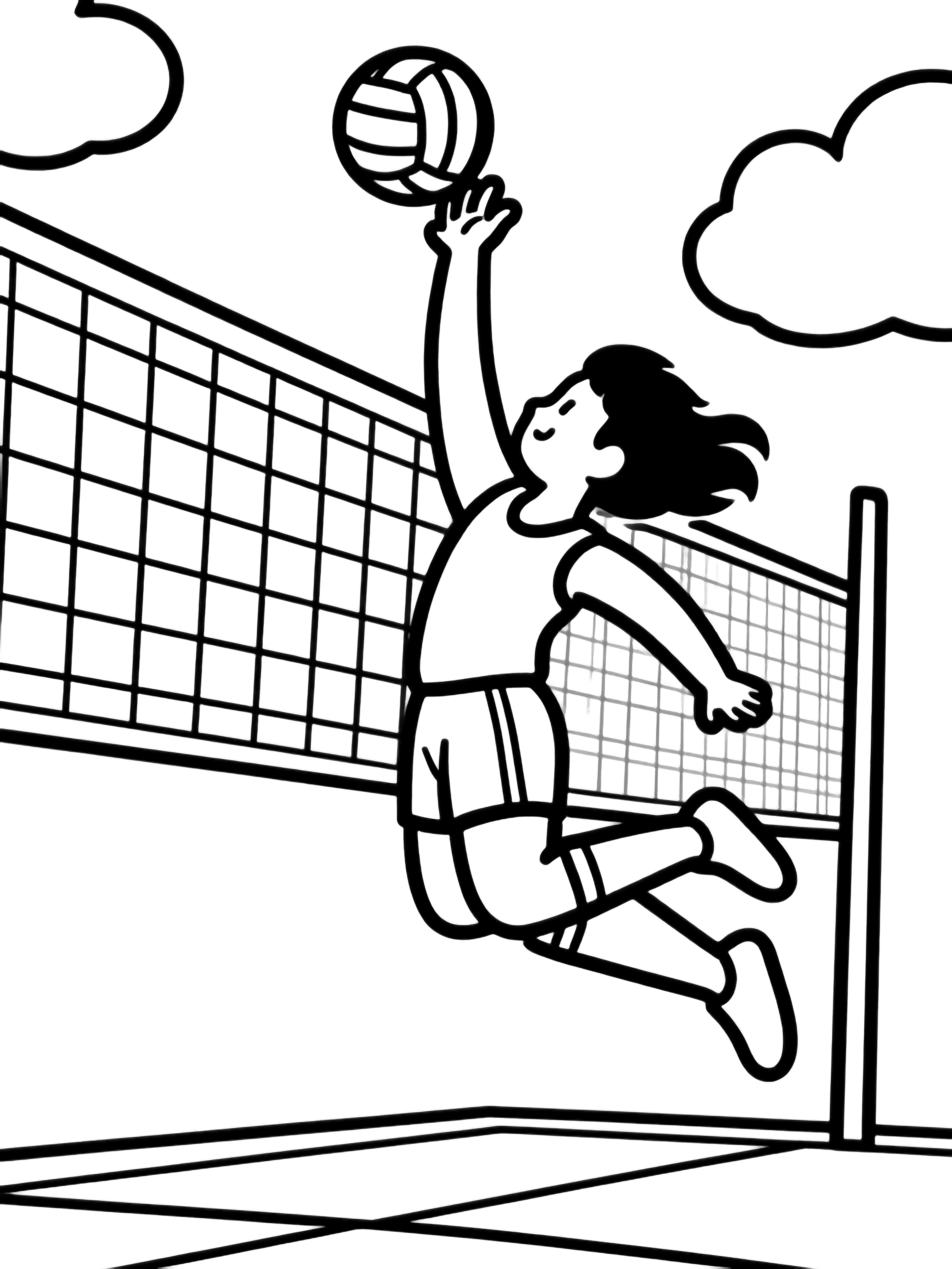 Athlete leaping high, arm swung back to smash volleyball above wide net; simple court lines and cloud puffs behind kleurplaat