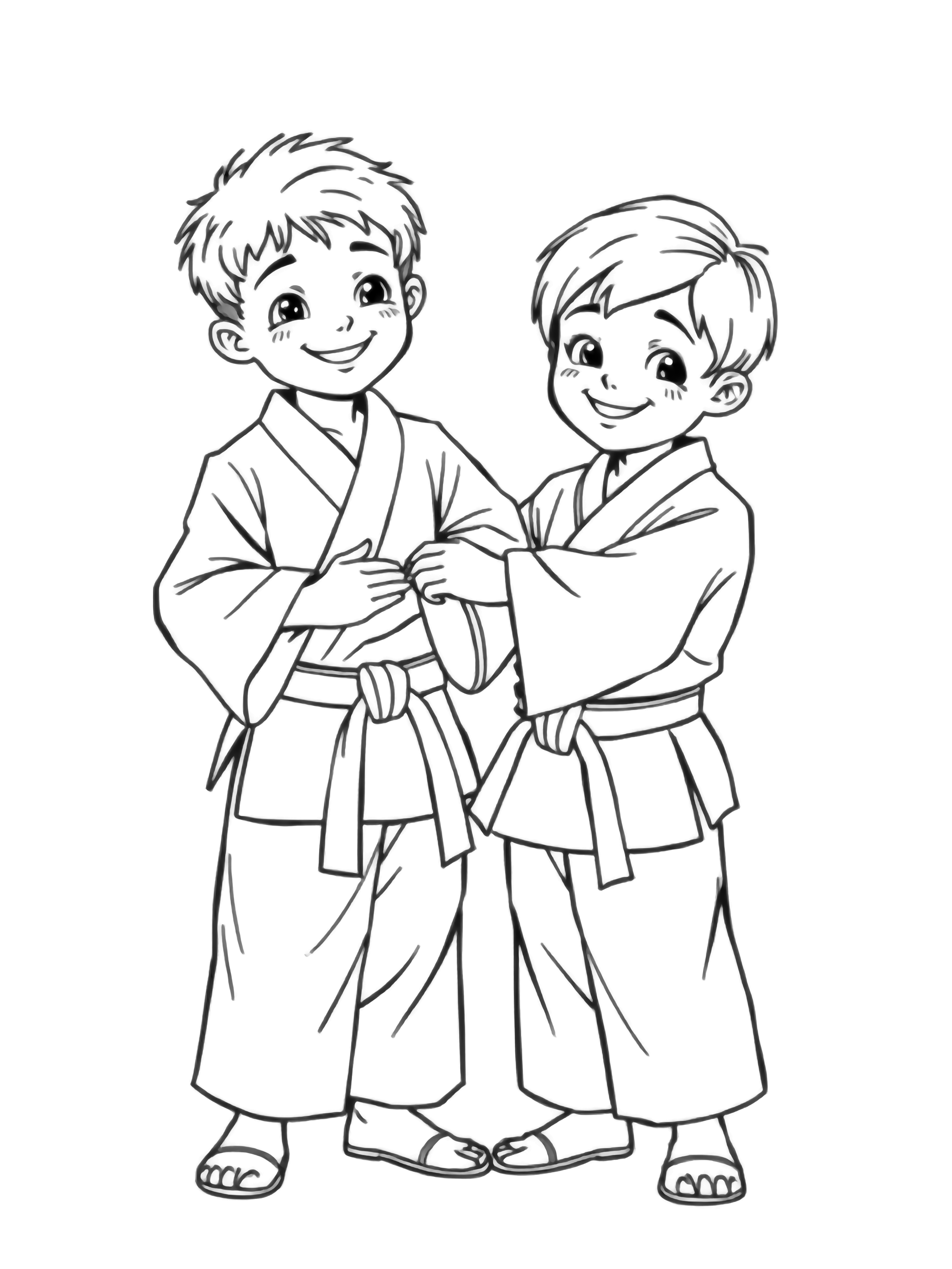 Two smiling children in judo uniforms bow, one gently flipping the other in a simple hold. kleurplaat