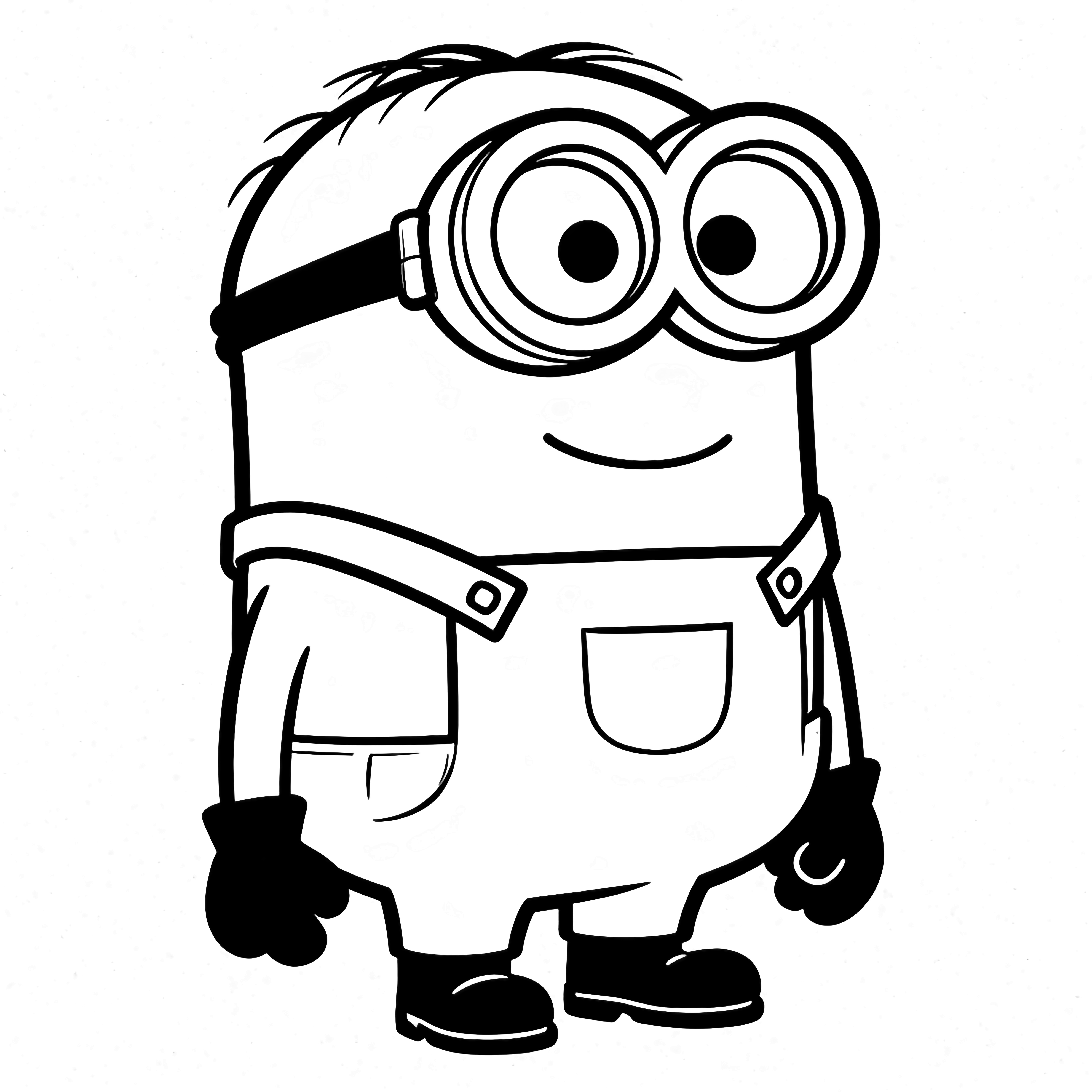 Een vrolijke Minion in profiel, met een zwembril, overalls, handschoenen en laarzen, glimlachend. kleurplaat