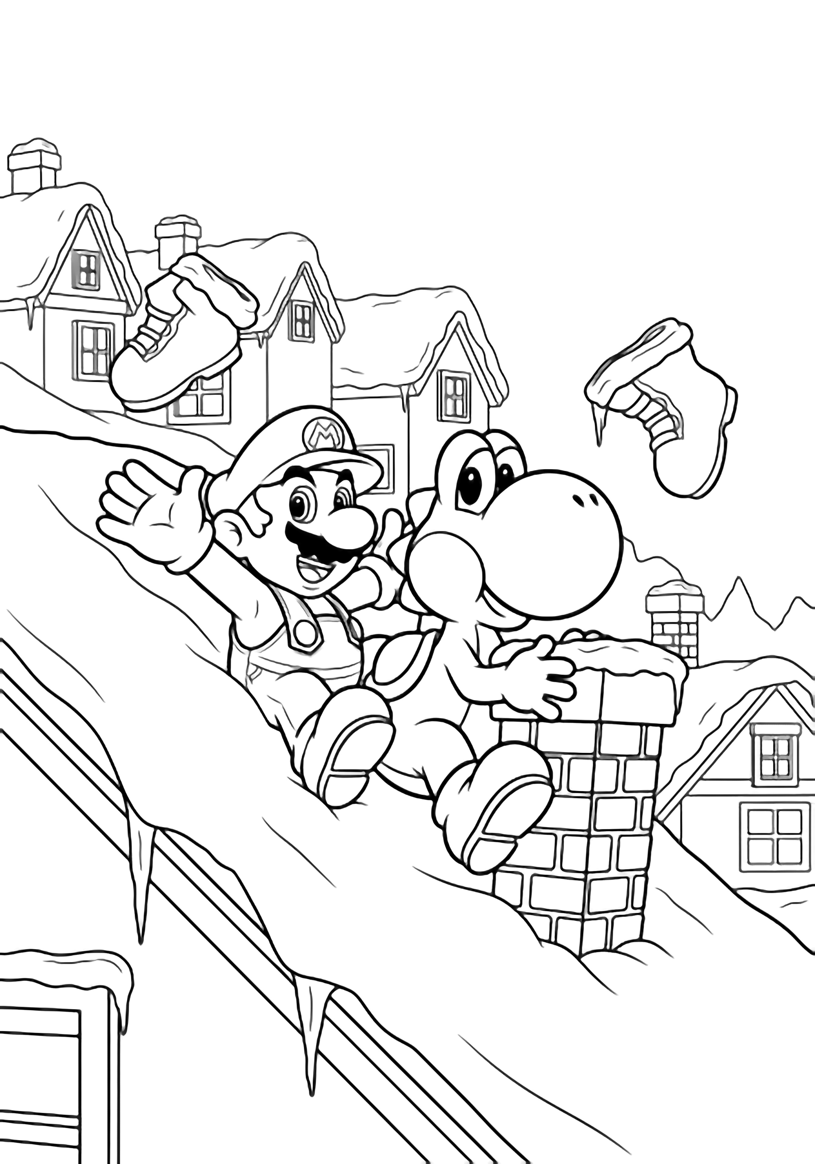 Mario and Yoshi slide down a snowy rooftop; Mario waves a boot, Yoshi clutches a chimney, peaked houses behind. kleurplaat
