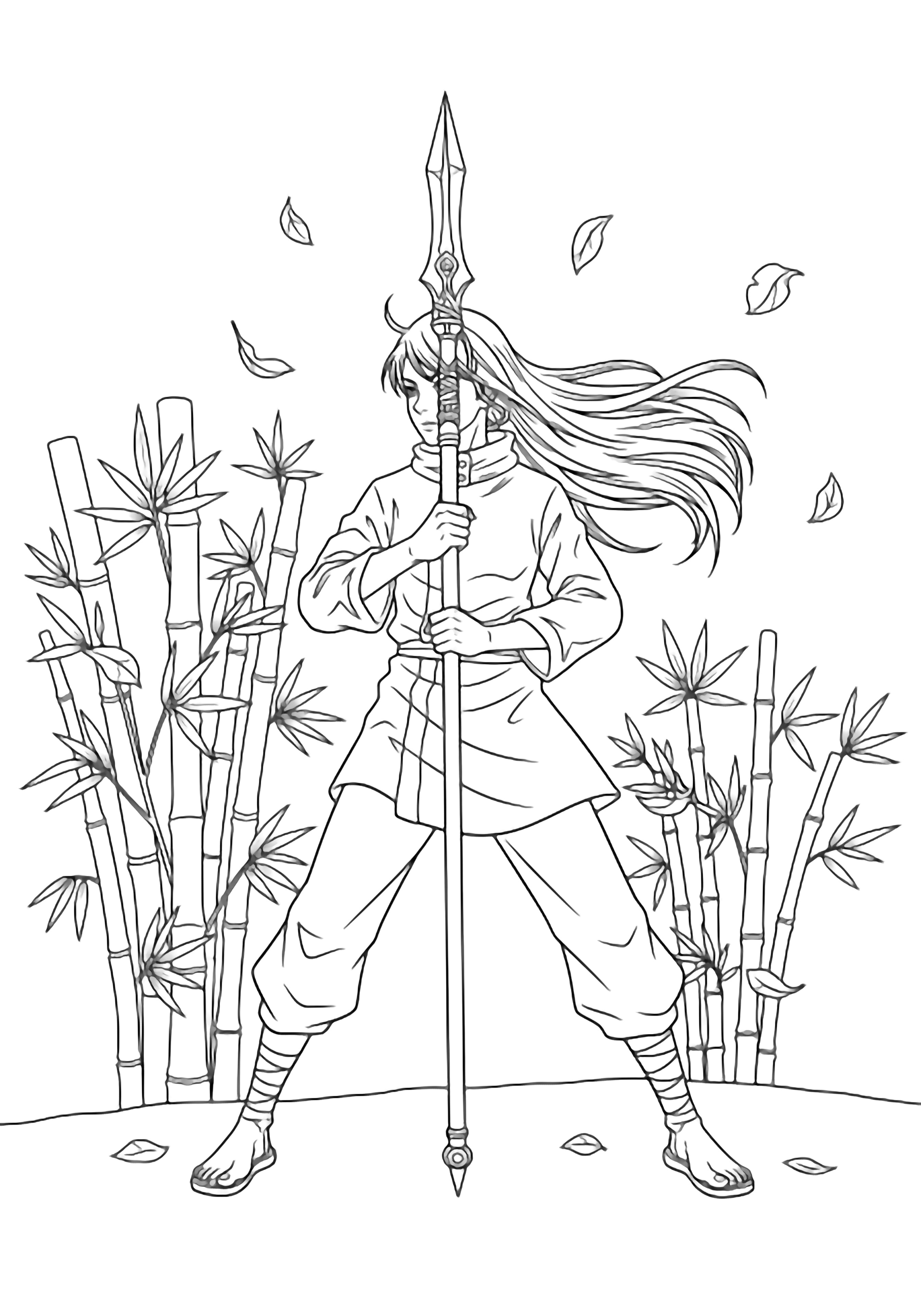 Maki stands with flowing hair, gripping a spear in a forest clearing with bamboo clumps and drifting leaves. kleurplaat