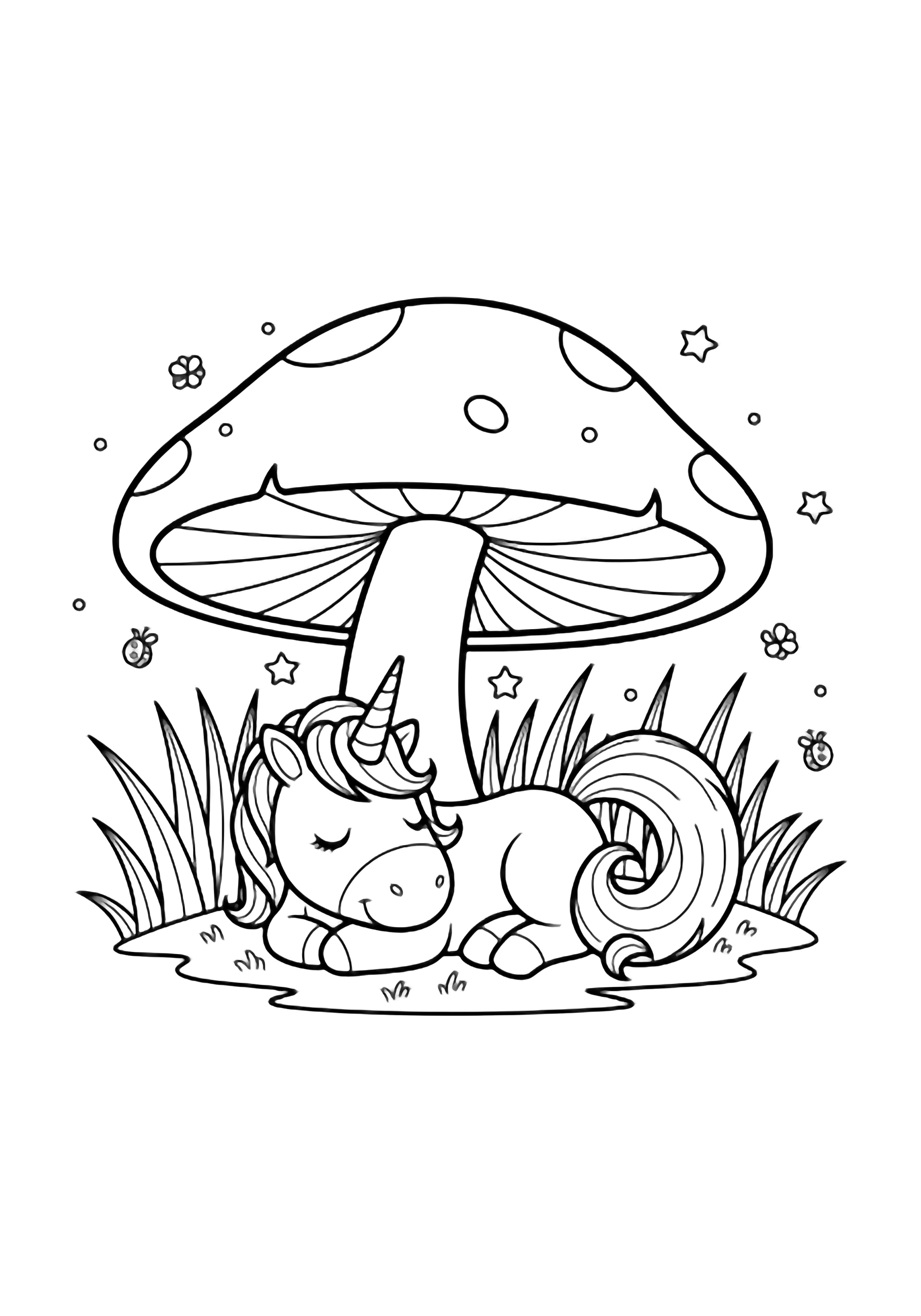 A smiling unicorn naps beneath a giant mushroom, spiral tail curled, surrounded by thick grass, tiny stars, and little bugs. kleurplaat