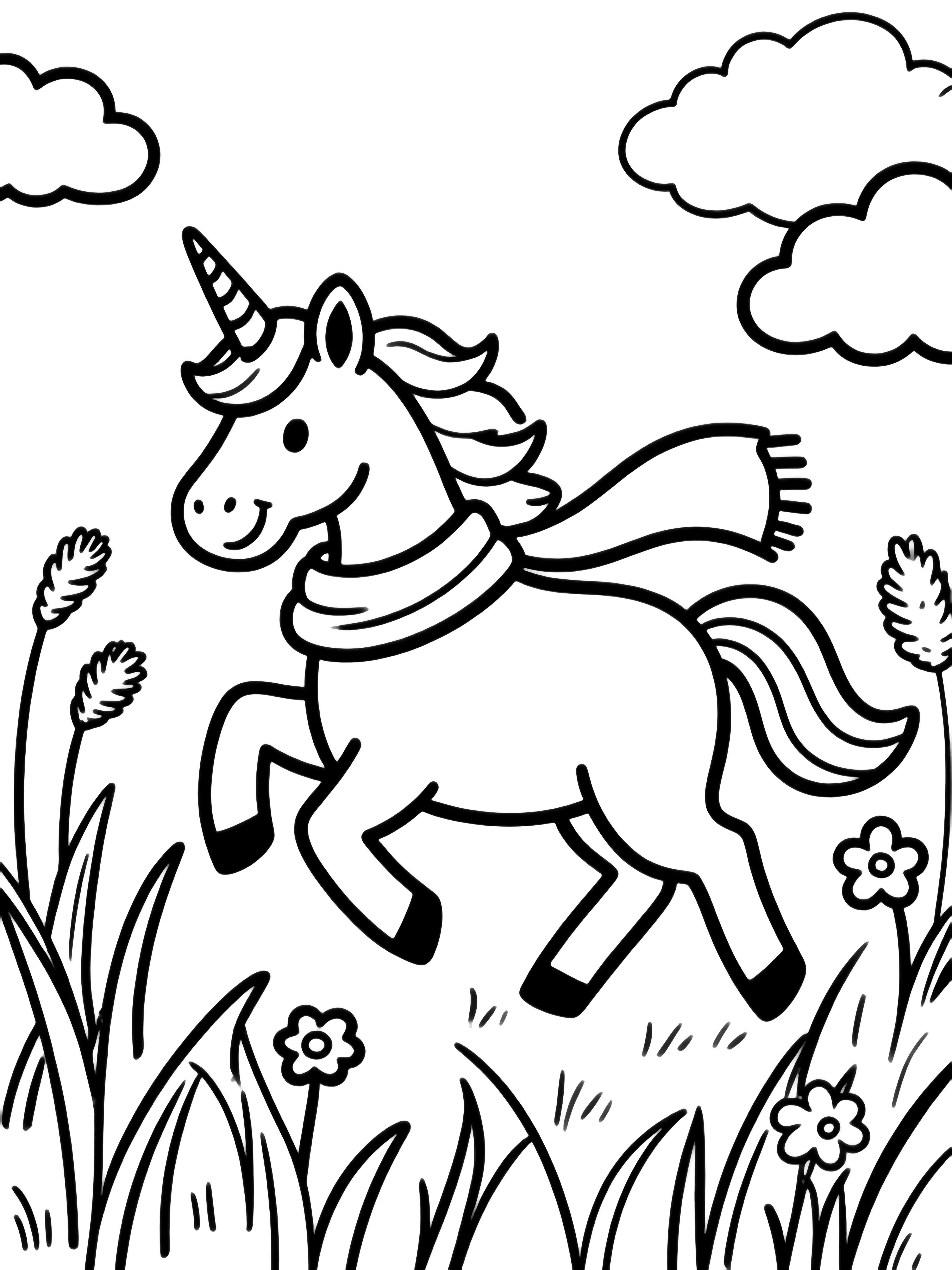 A smiling unicorn wearing a flowing scarf trots through tall grass dotted with small flowers beneath fluffy clouds. kleurplaat