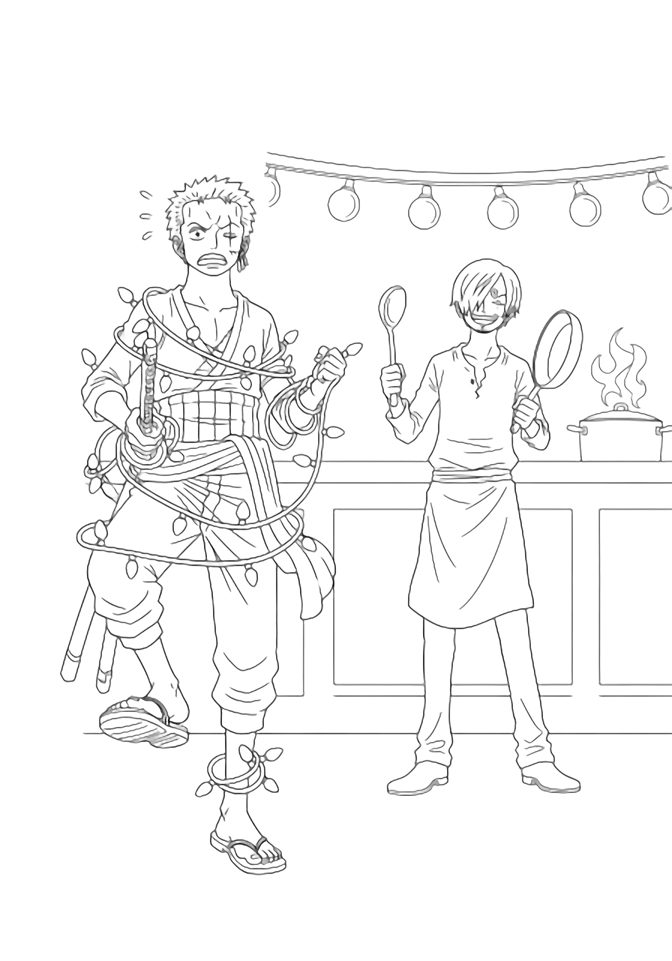 Zoro tangled in Christmas lights lifts a foot in surprise; Sanji, spoon and pan in hand, grins beside a steaming pot under hanging lights. kleurplaat