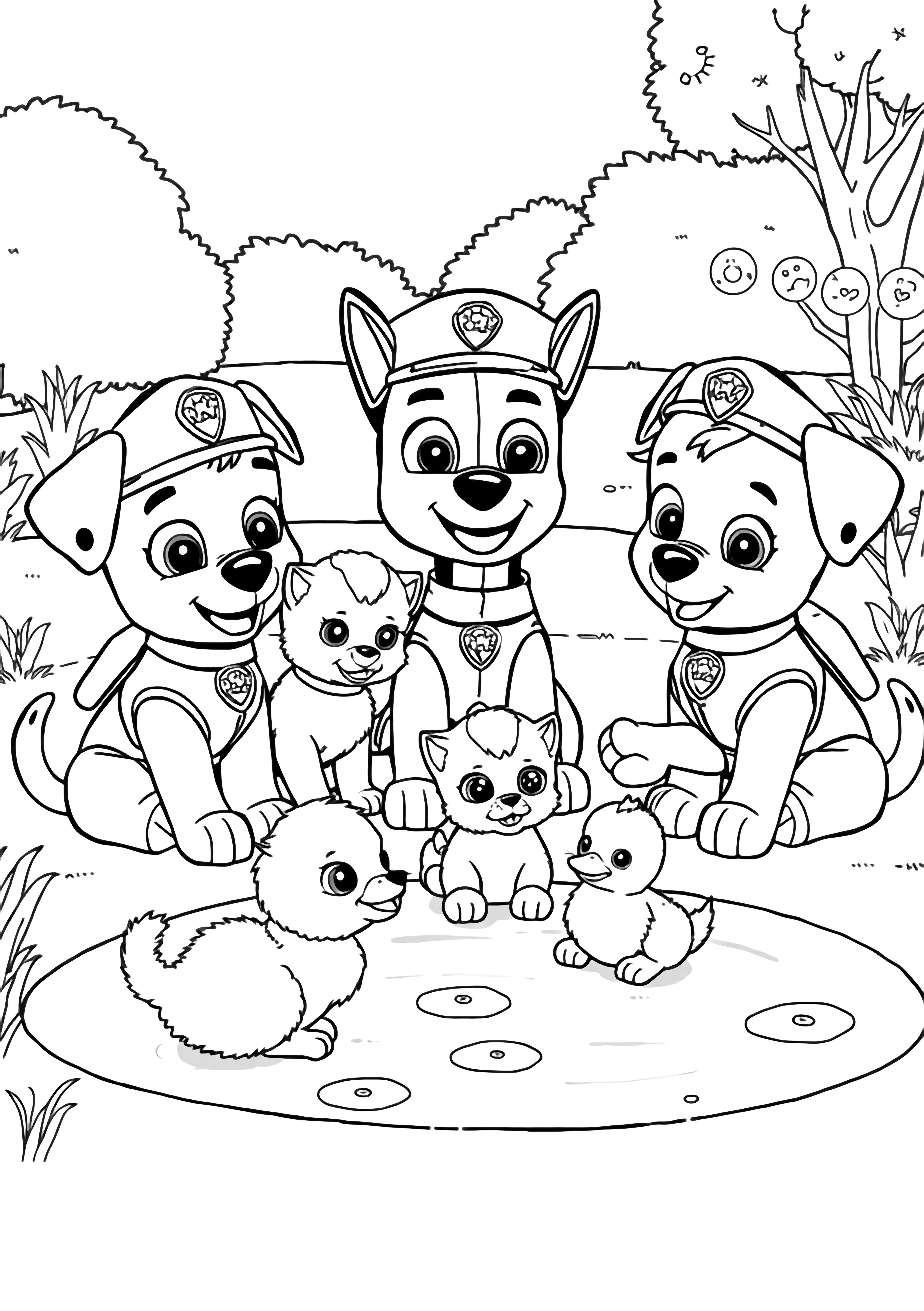 A black and white page showing the Paw Patrol pups gently playing with three playful kittens and two fluffy ducklings at a peaceful pond The pups sit in a friendly circle around the baby animals with Chase gently petting a kitten's head while Skye holds another tiny kitten in her paws The kittens have simple round clean black and white line drawing minimal shading no colour no fill kleurplaat